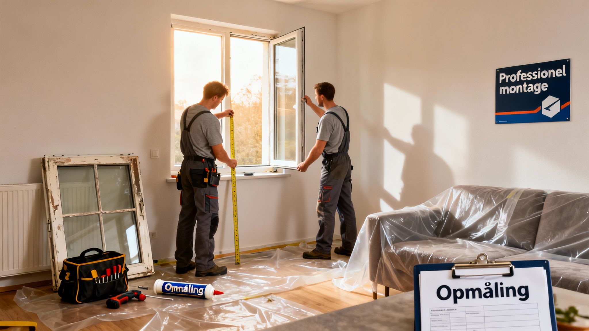 To håndværkere installerer et nyt vindue i et rum under renovering, med fokus på professionel montage.