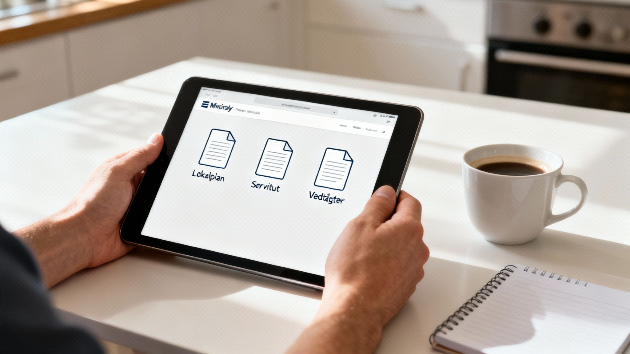 En person holder en tablet med dokumentikoner for Lokalplan, Servitut og Vedtægter, med kaffe og notesbog på bordet.