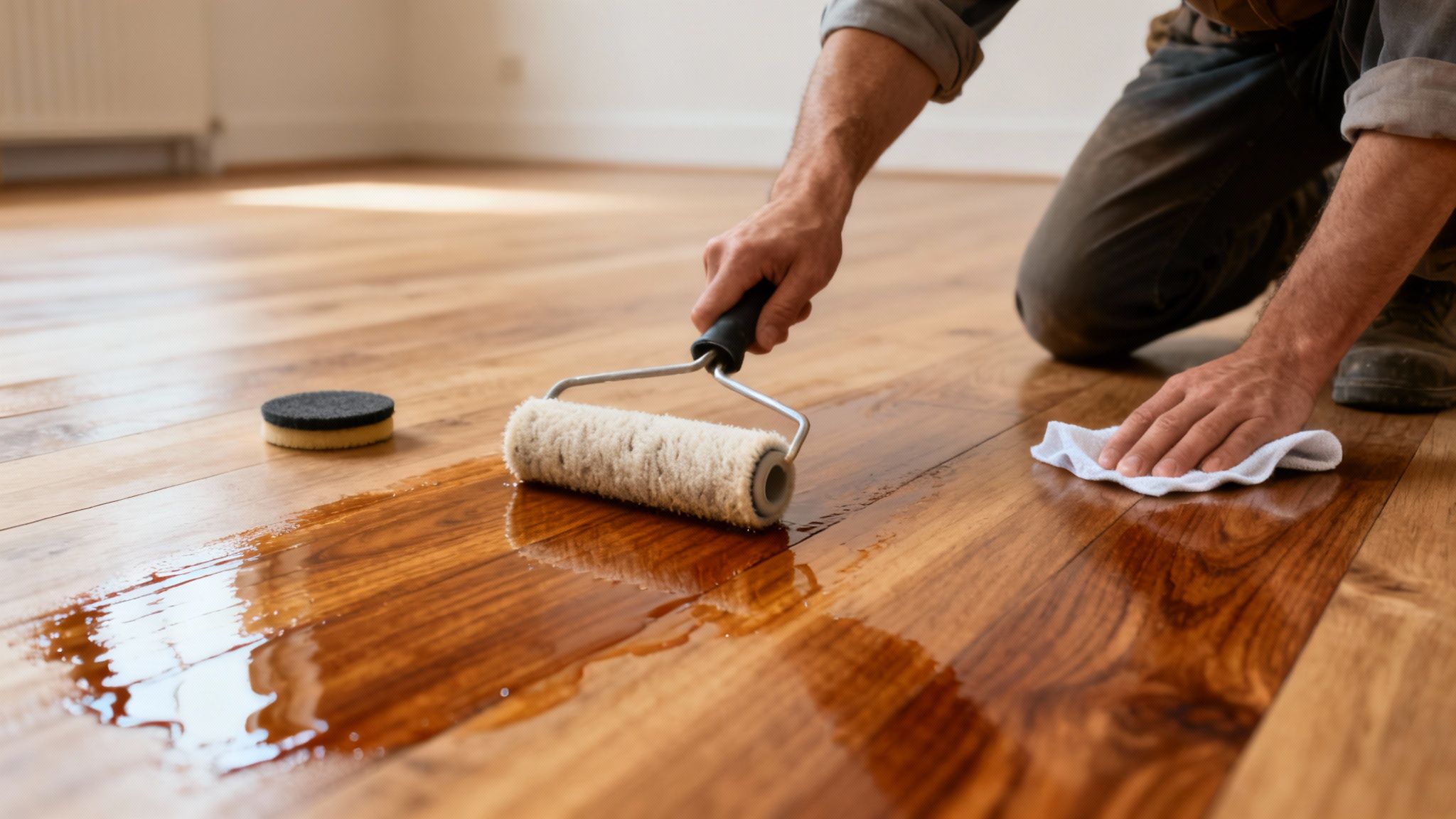 En person knælende påfører olie på et trægulv med en rulle og tørrer efter med en hvid klud.