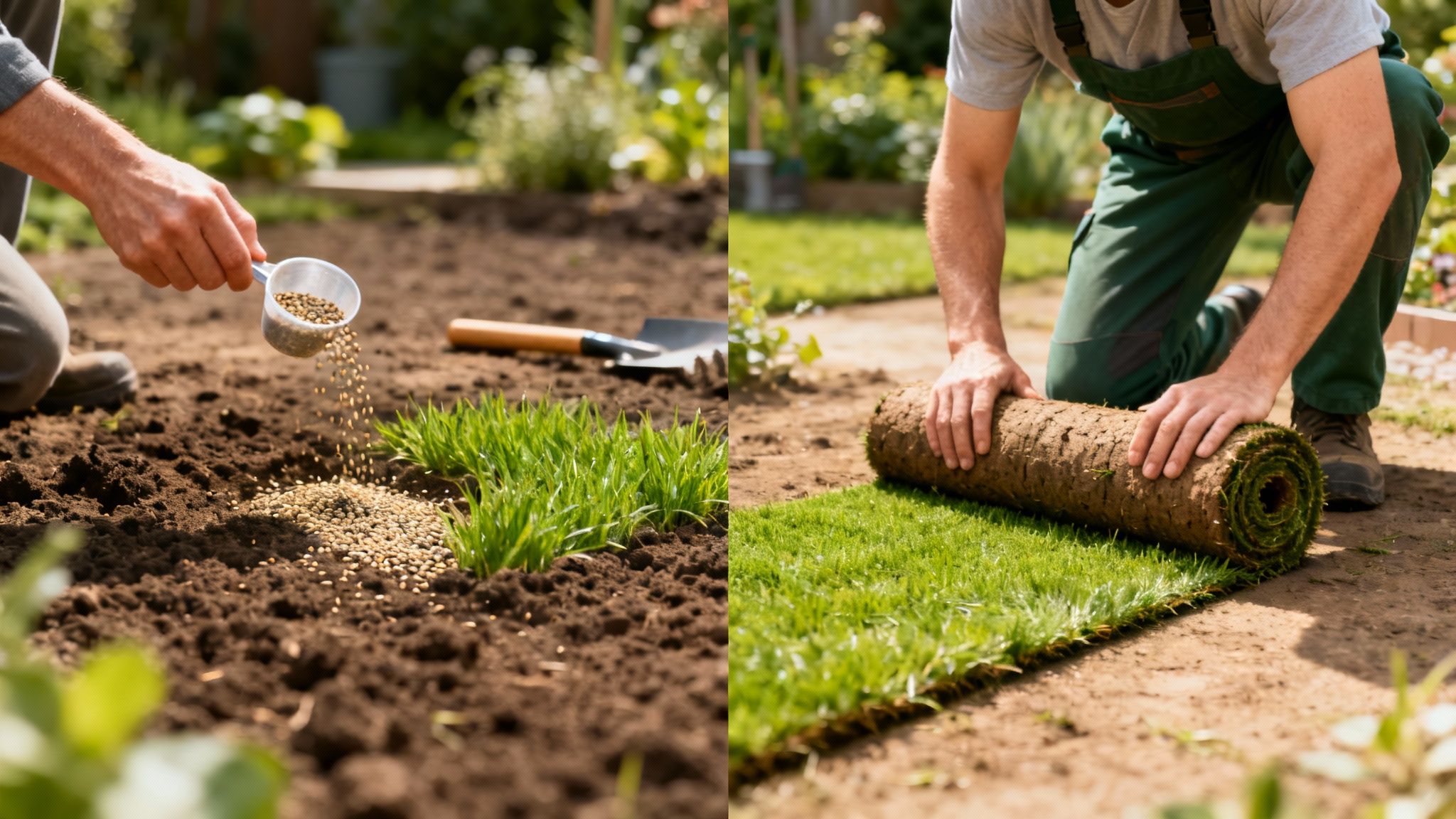 En palle med friske ruller af græs klar til udlægning i en have