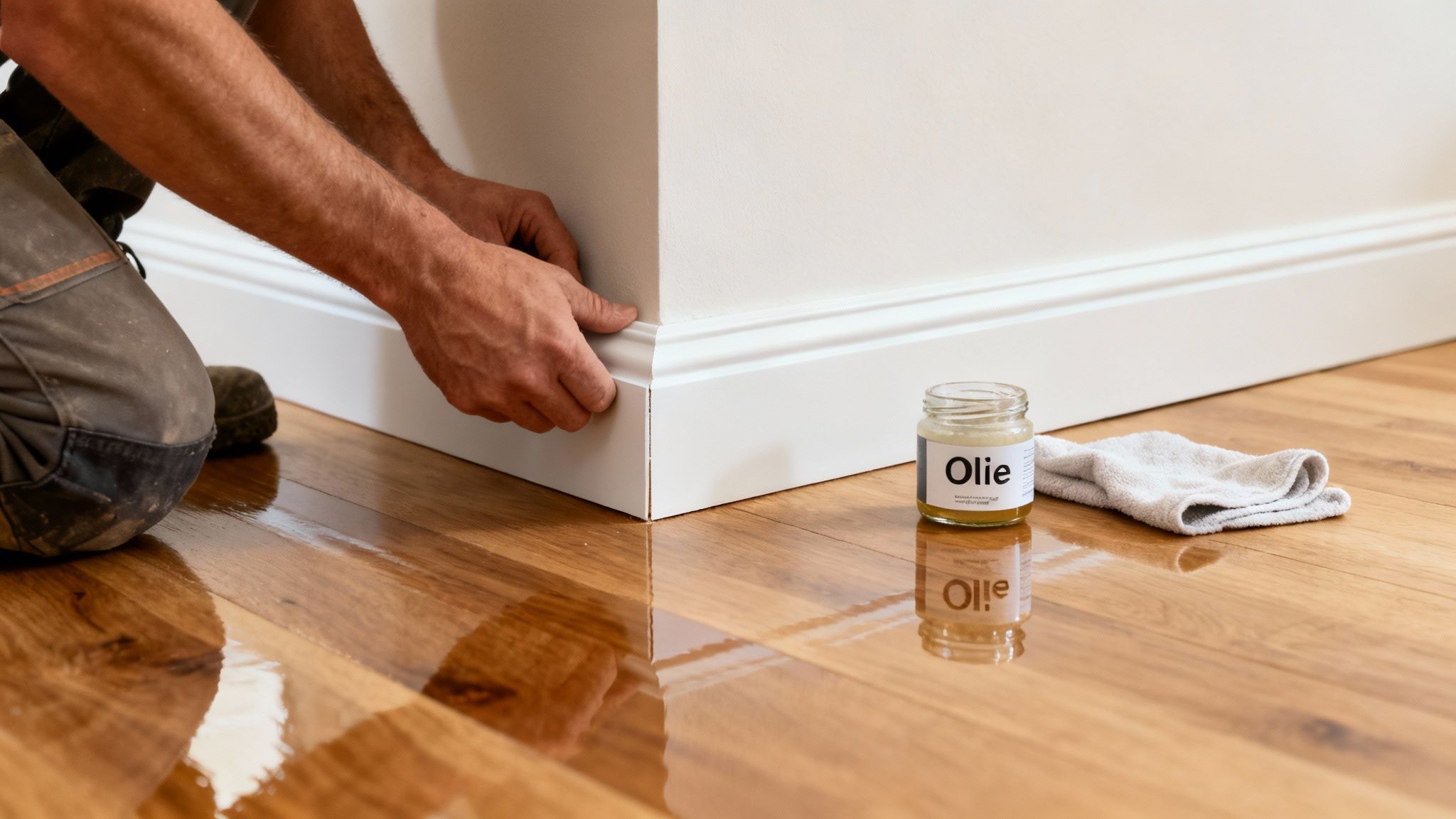 Håndværker monterer hvide fodpaneler på et skinnende trægulv. En krukke med olie og en klud ligger klar.