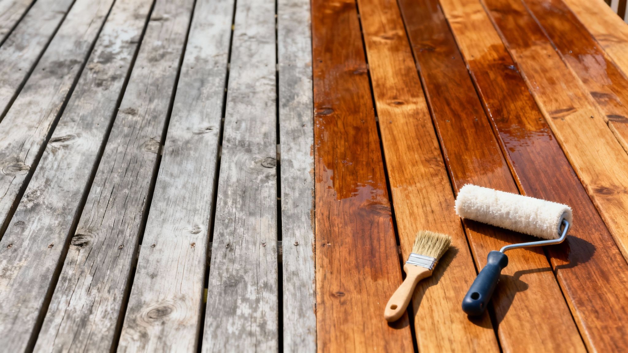 Træterrasse før og efter behandling med træolie. En pensel og malerrulle ses på det nyligt behandlede, mørke træ.