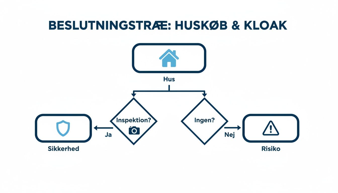 Beslutningstræ for huskøb og kloak. Illustrerer valg om inspektion for sikkerhed eller ingen med risiko.