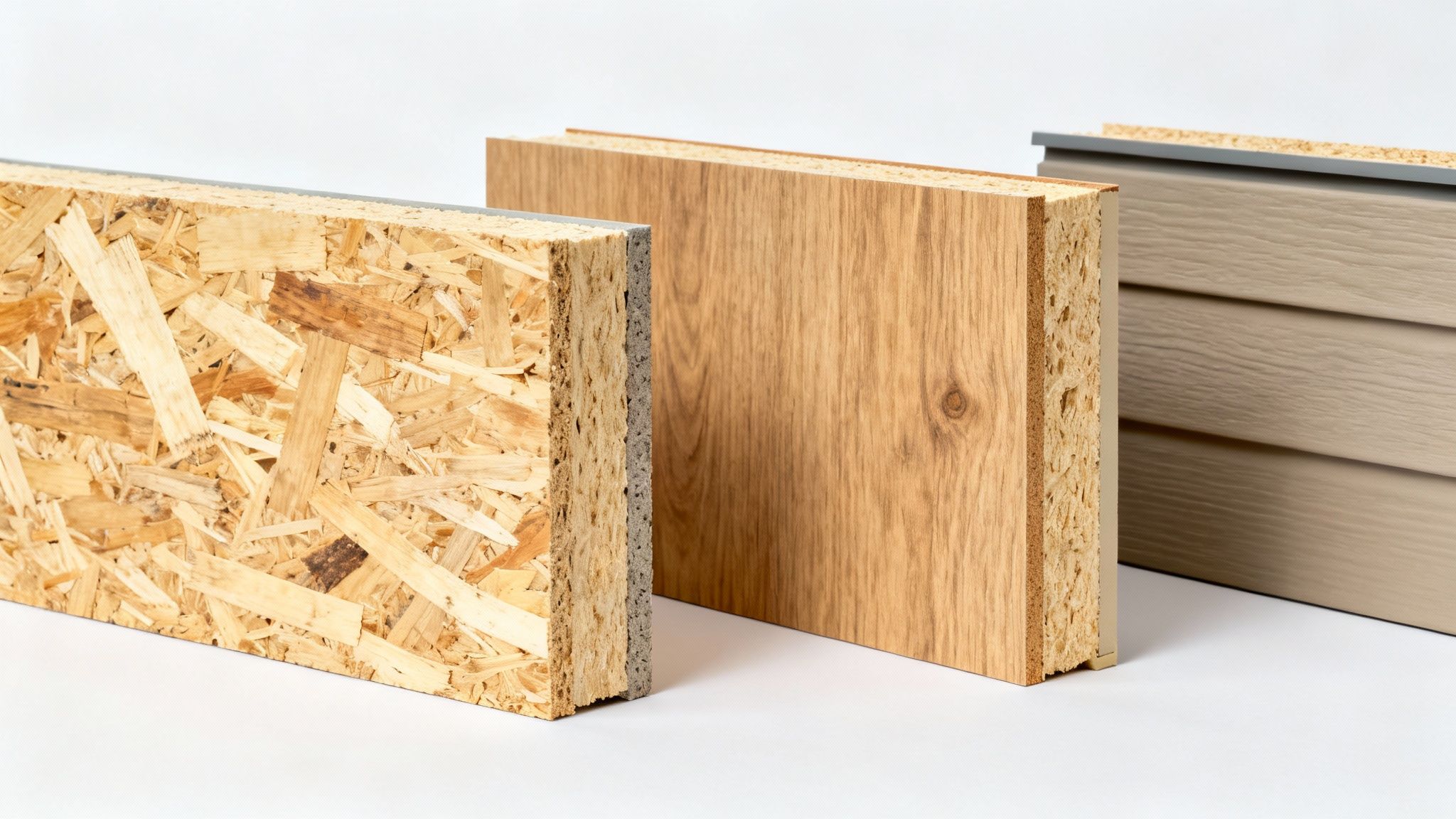 Forskellige typer træplader stablet op.