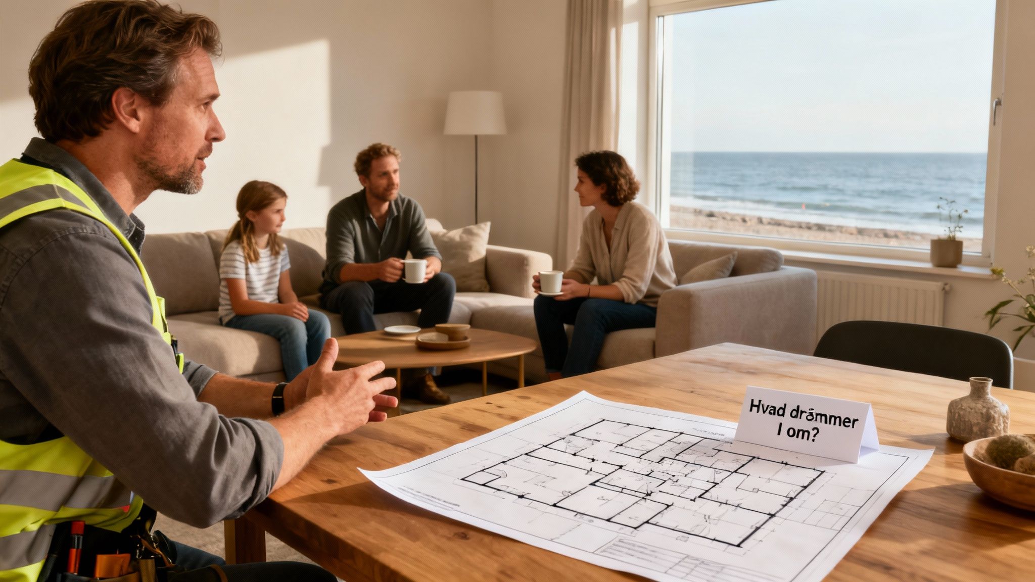 En bygningsarbejder i sikkerhedsvest taler med en familie om boligplaner. Plantegninger ligger på bordet med udsigt til havet.