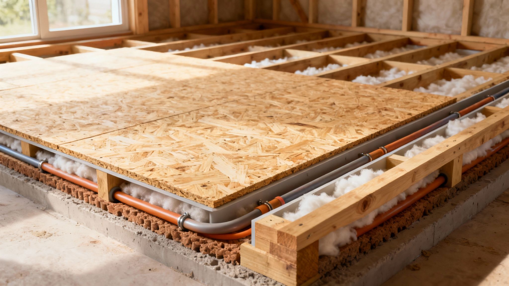Detaljeret billede af gulvkonstruktion med gulvvarmerør, isolering og spånplader under et vindue.