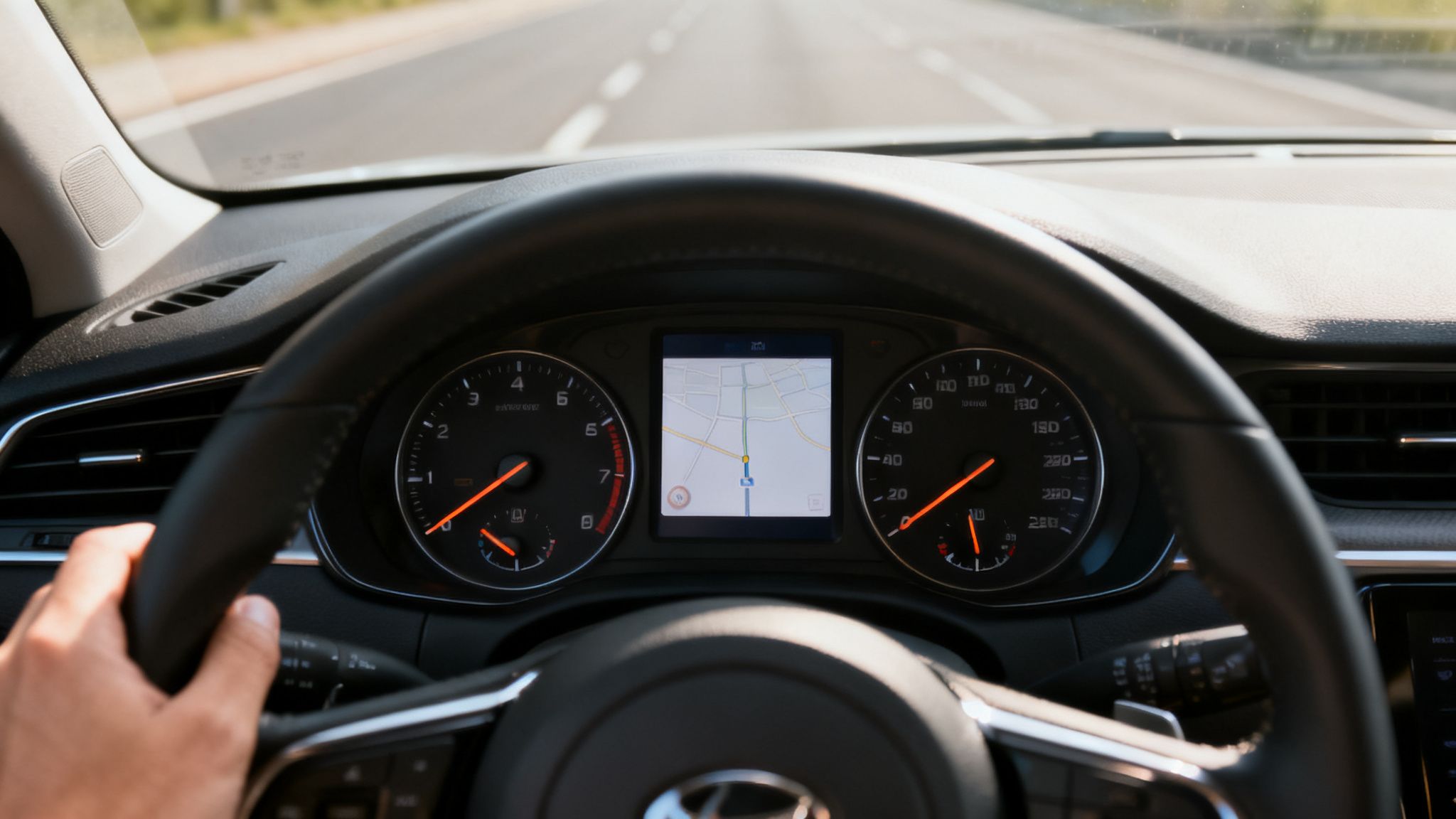 Førerens perspektiv inde i en bil på vejen, med instrumentbræt, rat og navigationsskærm.