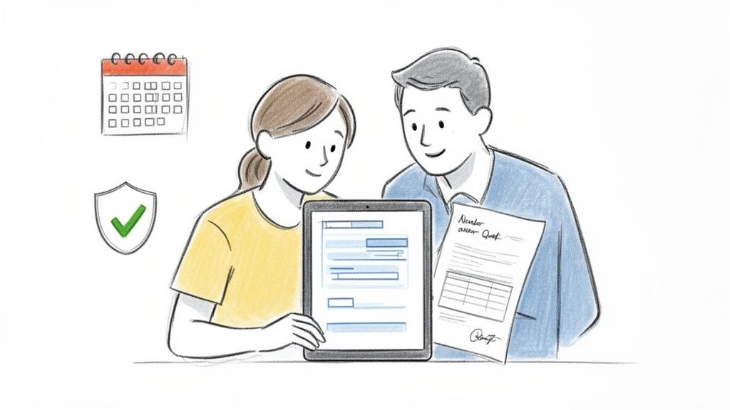 Illustration af et par, der gennemgår dokumenter på en tablet og papir, med symboler for kalender og sikkerhed.