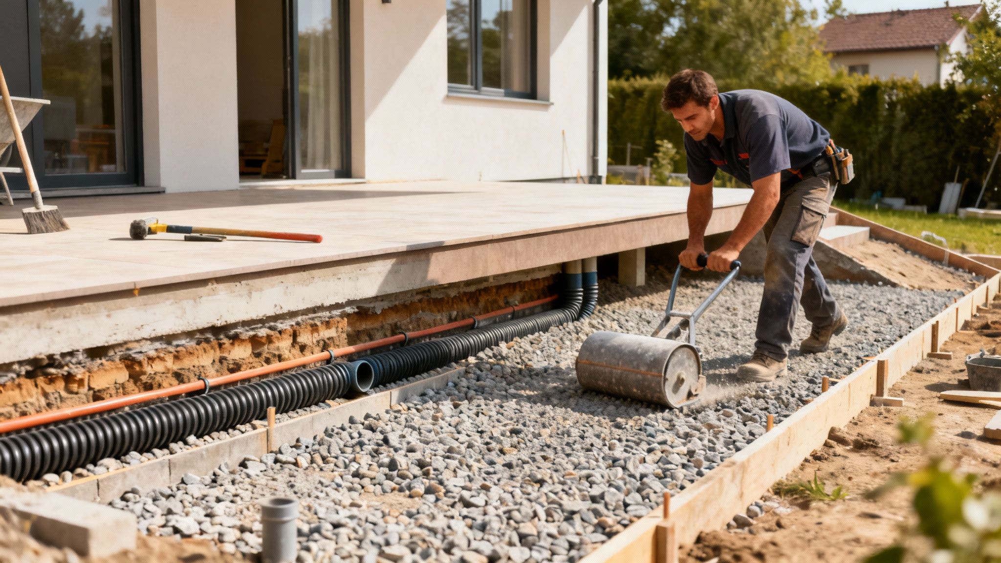 En arbejder stamper grus med en valse ved en hævet terrasse. Afvandingsrør er synlige under terrassen.