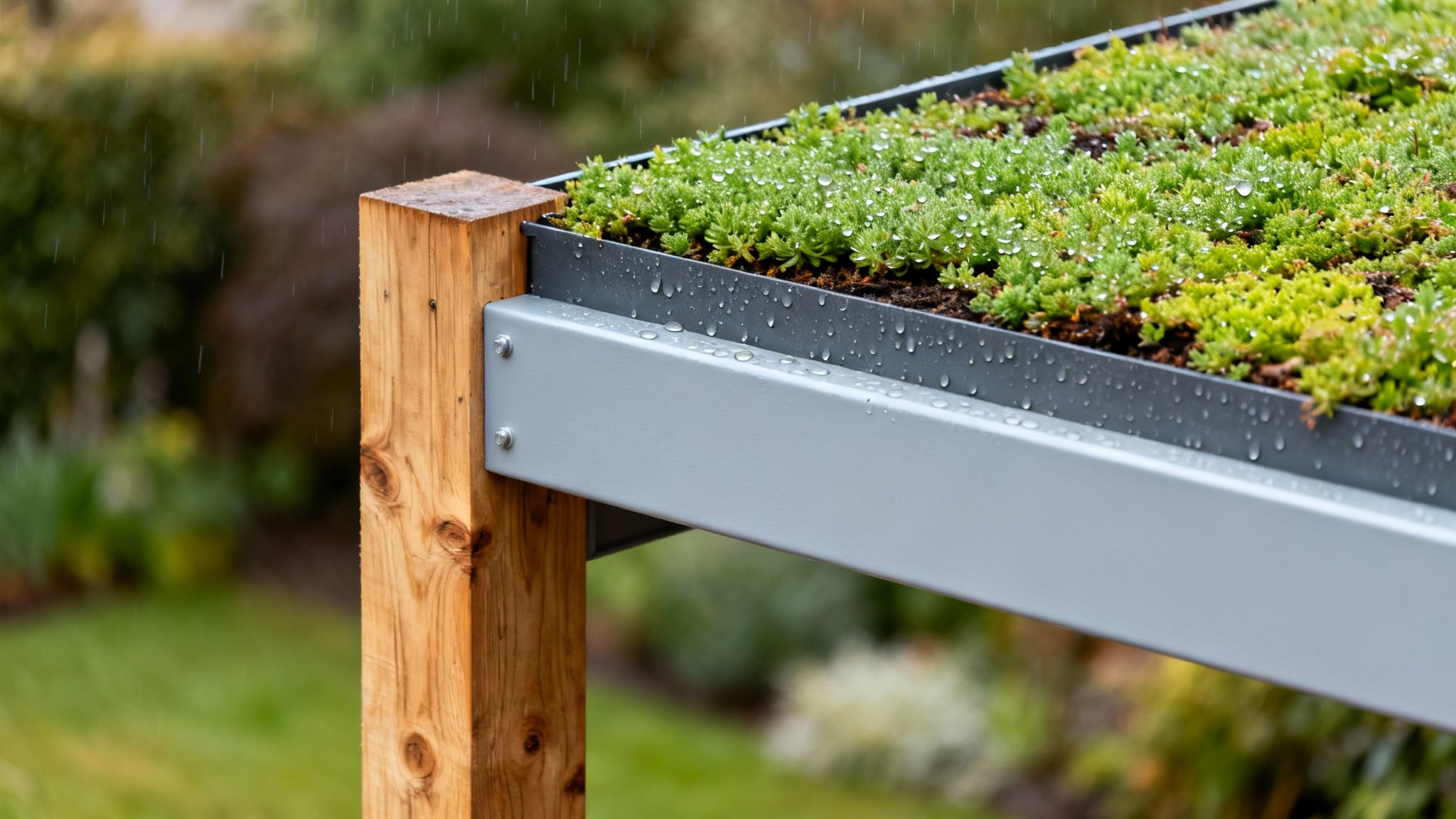 Grønt sedumtag på en carport med regndråber, understøttet af en træstolpe i en have.