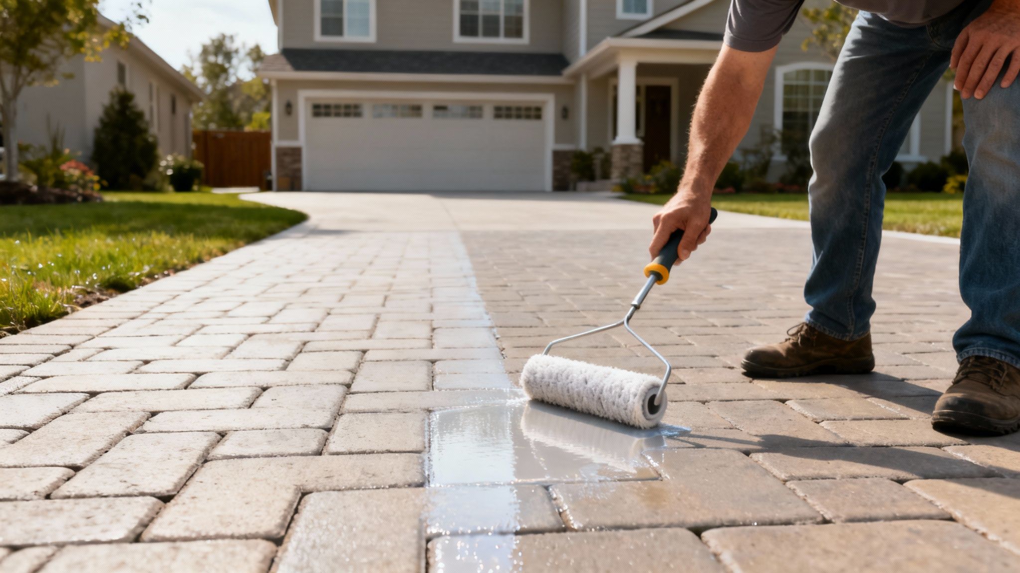 En person forsegler en indkørsel lavet af fliser med en malerrulle, hvilket viser den våde og forseglede overflade.