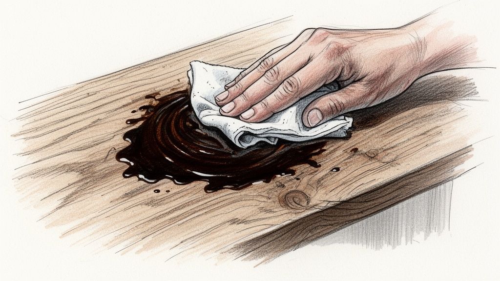 En hånd tørrer mørk træolie på et træbræt med en hvid klud.