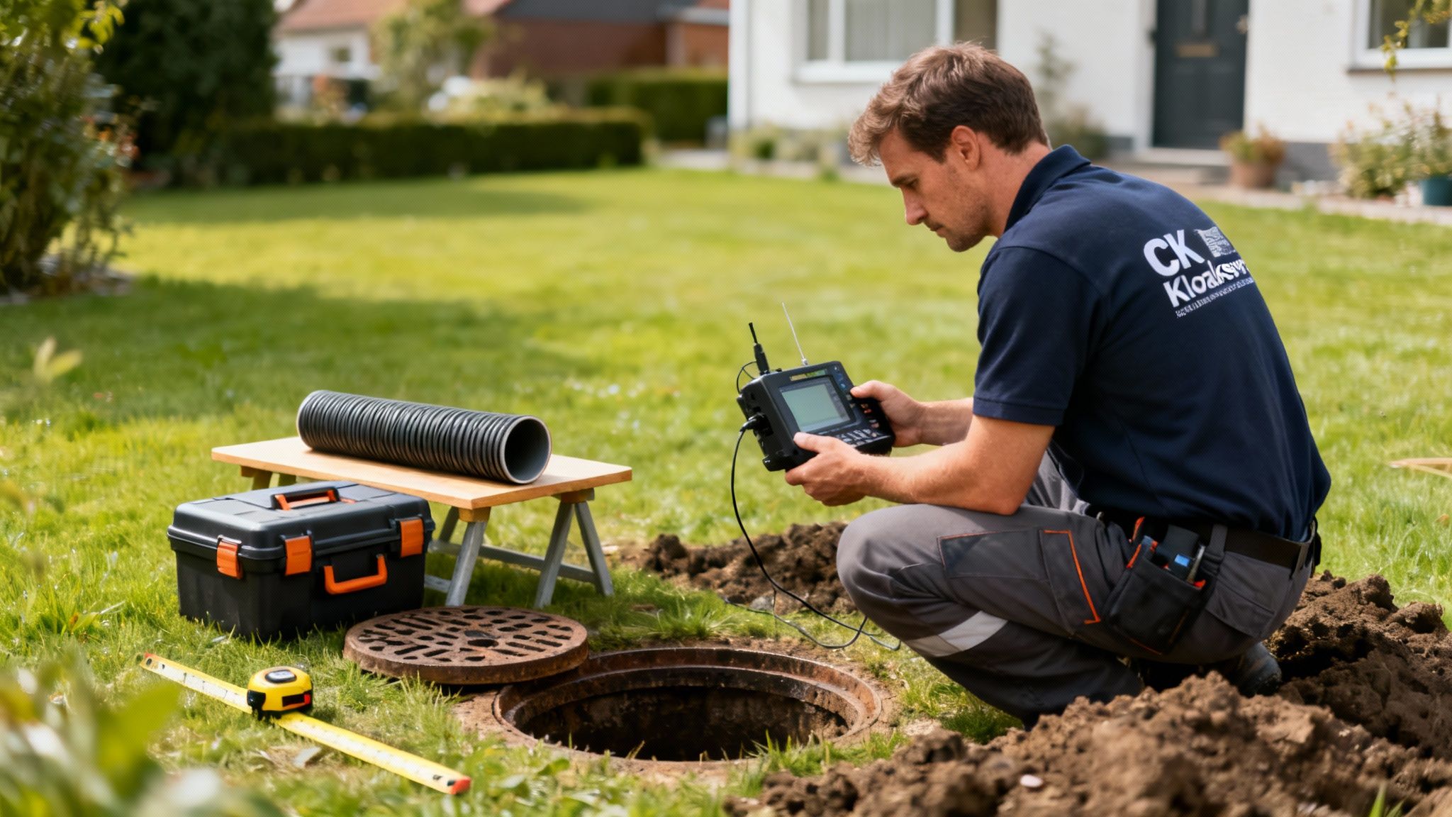 En servicetekniker inspicerer en kloak med elektronisk udstyr, rør og værktøj på græsplænen.