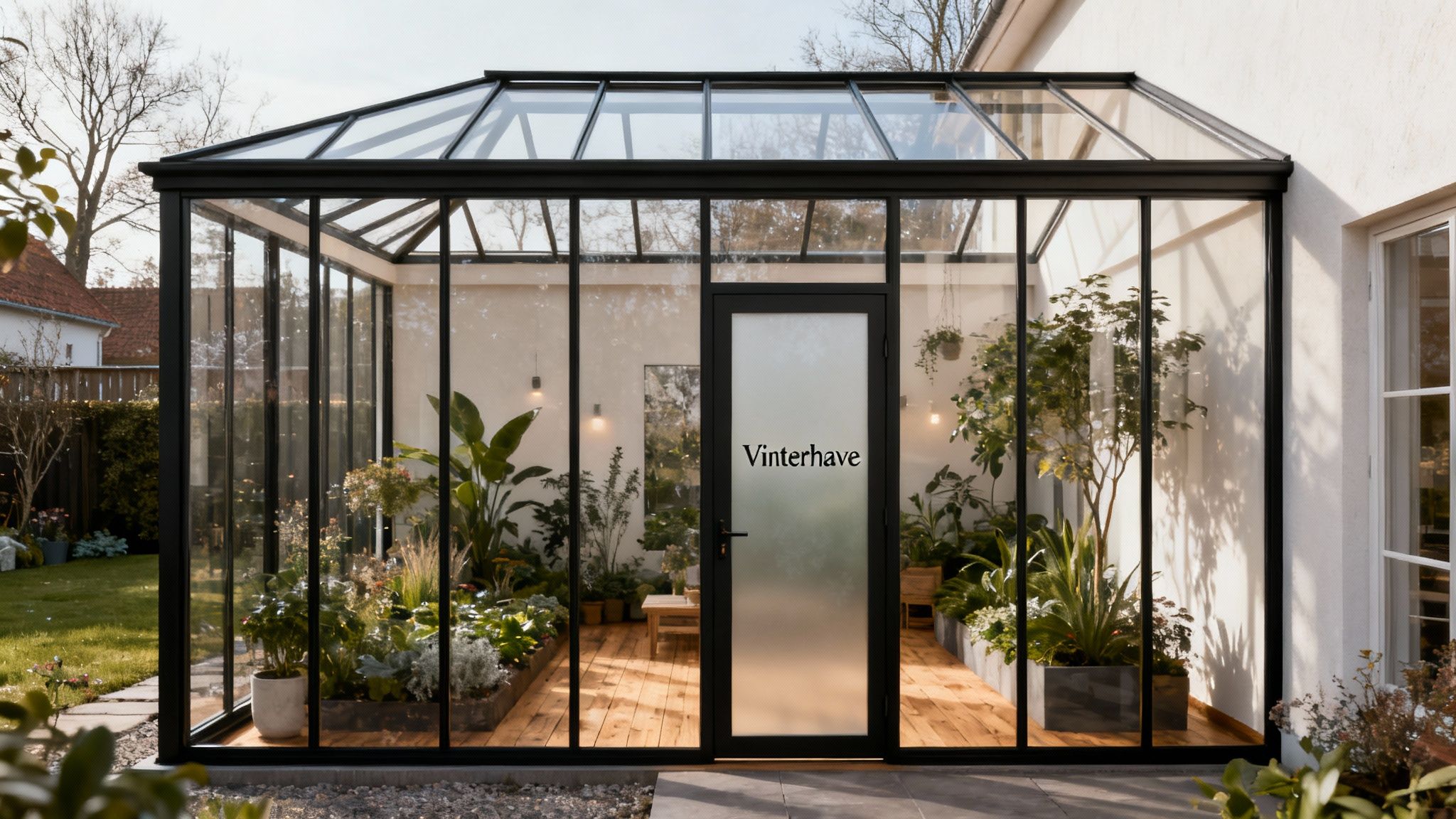 Moderne sort indrammet udestue/vinterhave med glasvægge og tag, fyldt med planter og trægulv, tilknyttet et hus.