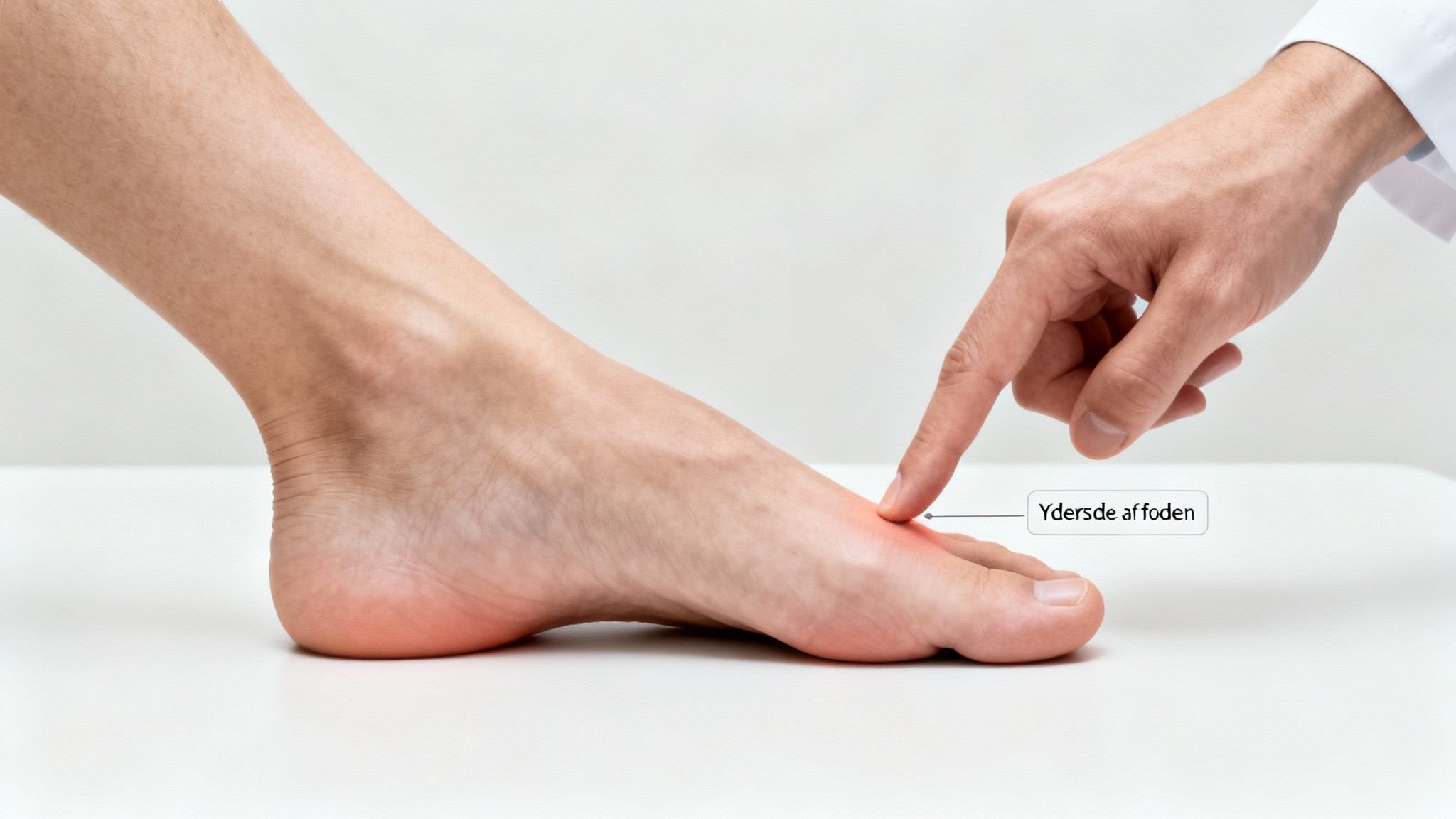 En læge peger på et rødt, betændt område på ydersiden af en fod, der symboliserer smerte under en undersøgelse.