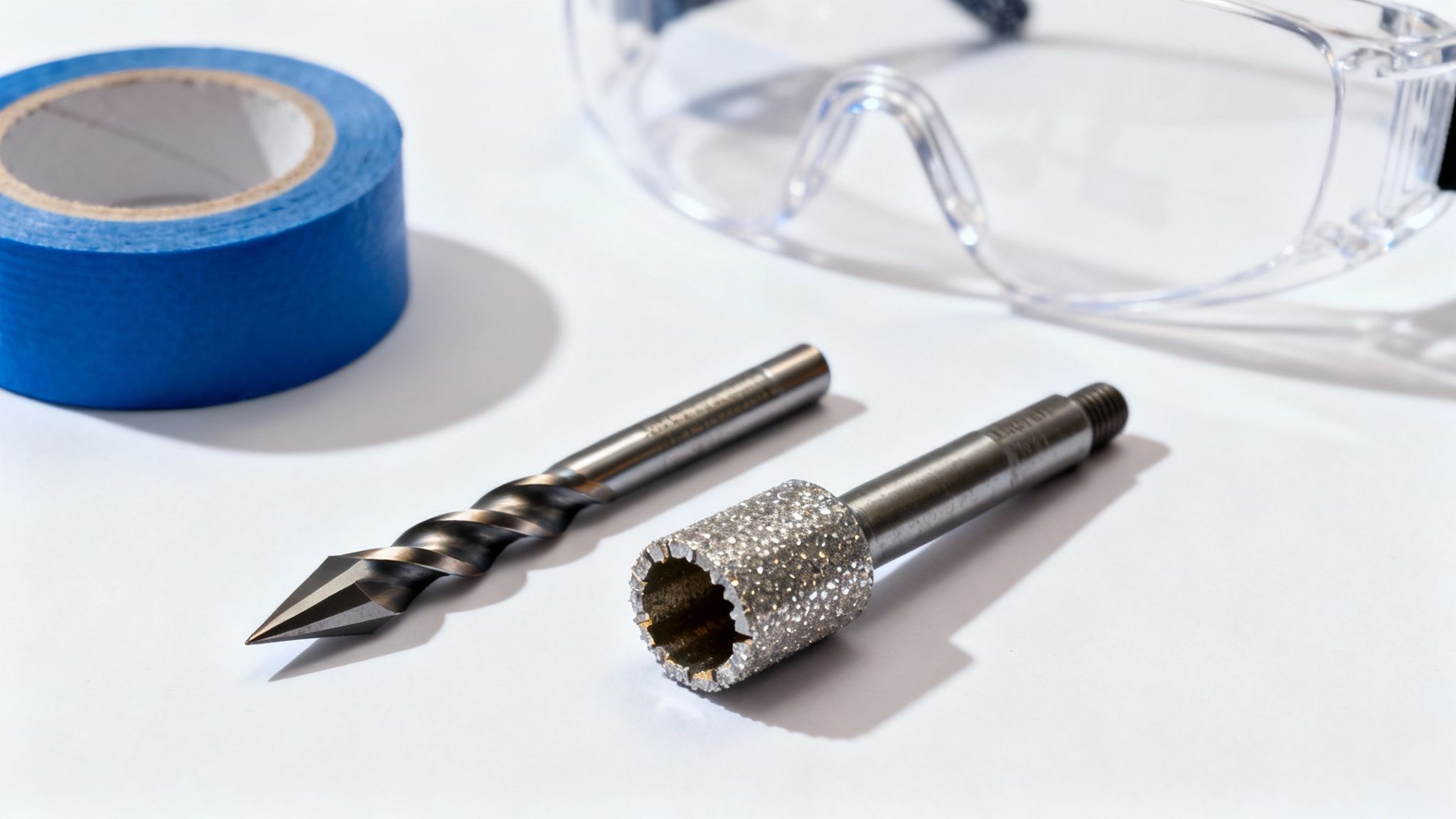 Værktøj til fliseboring: blåt tape, sikkerhedsbriller, et murbor og en diamantborekrone på hvid baggrund.