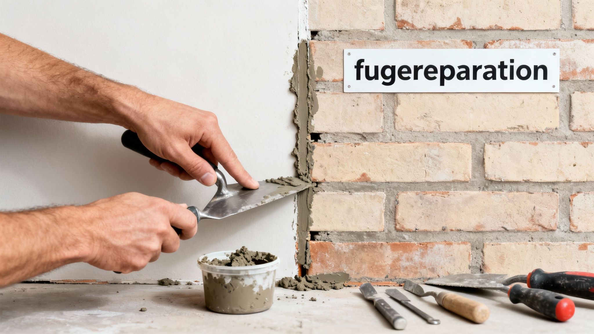 Hænder reparerer fuger på en murstensvæg med mørtel og murske. Skilt siger "fugereparation".
