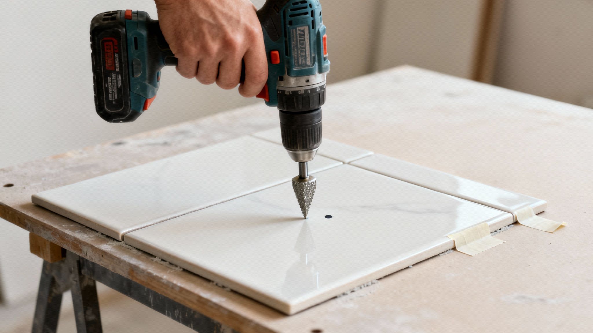 En person borer et hul i en hvid flise med en boremaskine og en diamantborekrone på et træbord.