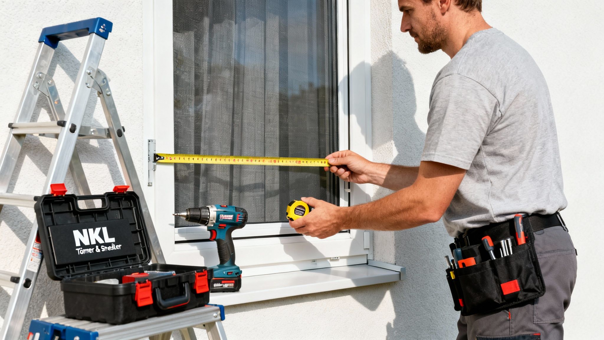 Mand måler vindue med målebånd, klar til montering af solafskærmning, med stige og værktøj.
