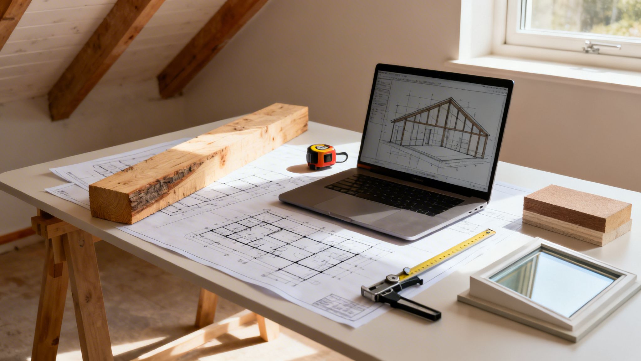 Arkitektens arbejdsplads med bygningstegninger, computer, træbjælke og værktøj i et lyst loftrum.