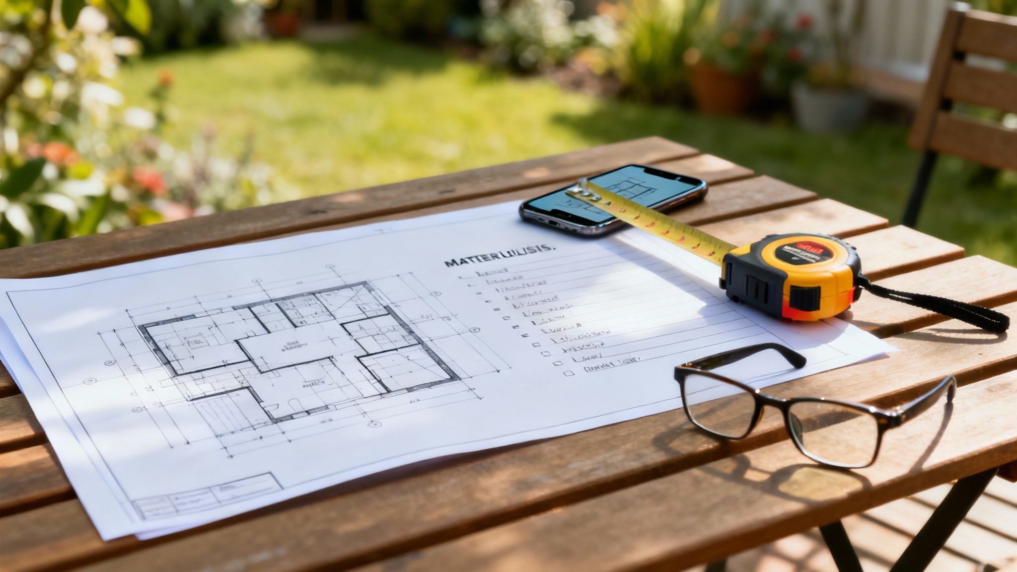 En person der tegner en skitse af et skur på et stykke papir