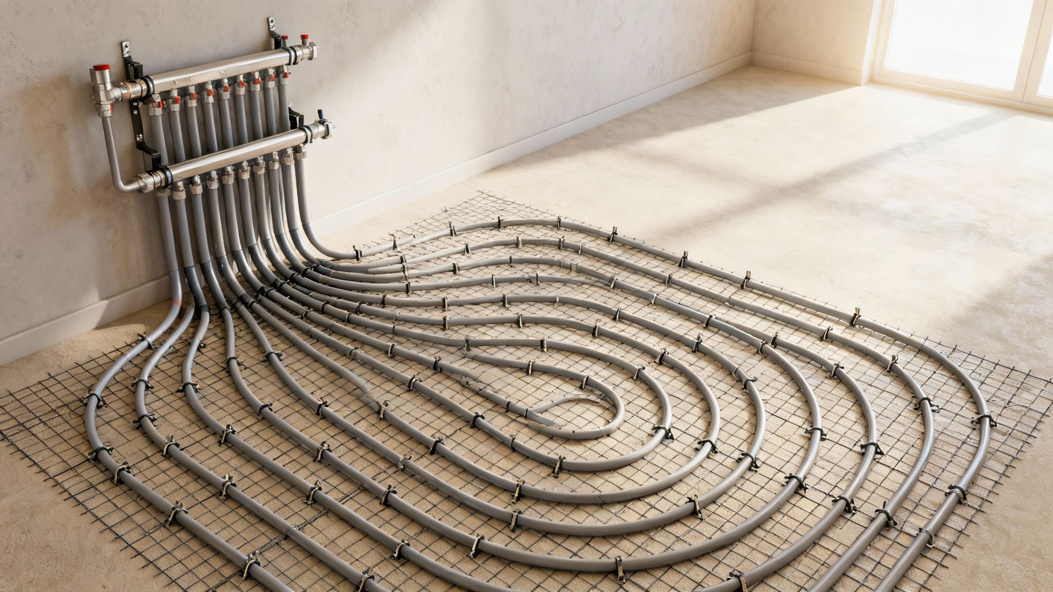 Installation af gulvvarme med grå rør lagt i et mønster på metalnet og fordeler manifold på væggen.