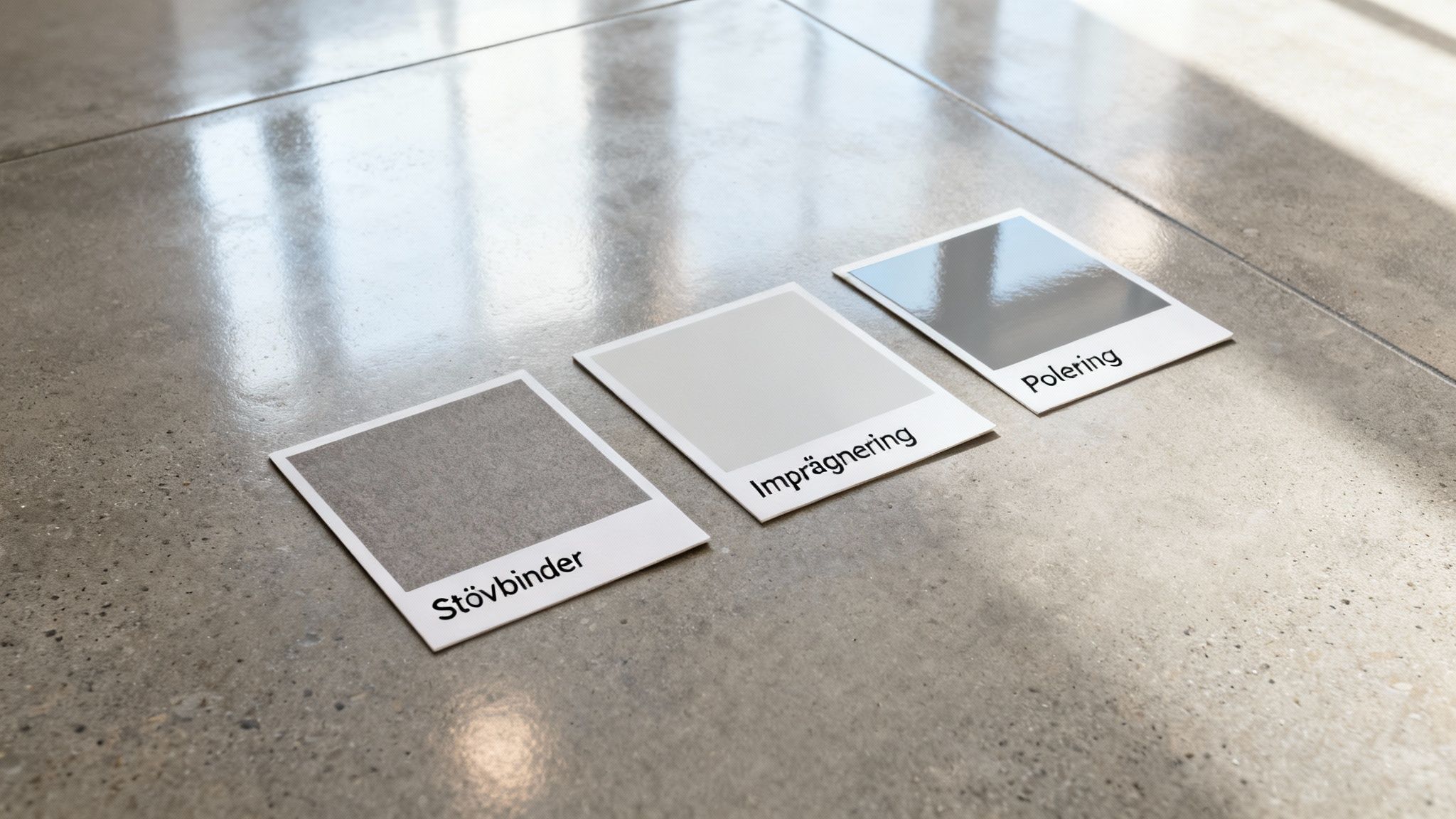 Tre prøver på forskellige behandlinger af betongulv: støvbinder, imprægnering og polering.