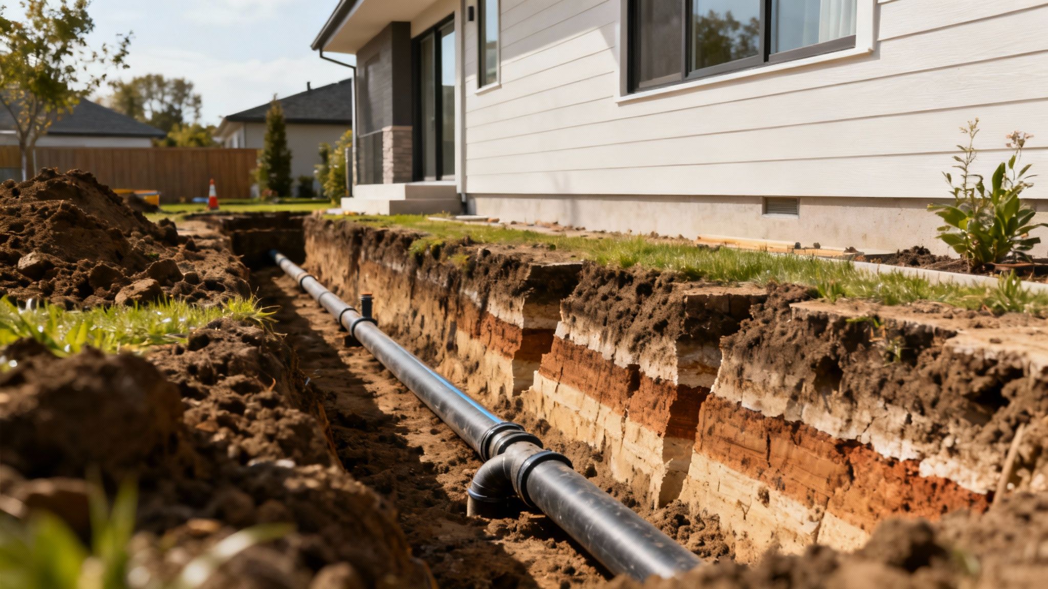 En kloakmester i gang med at anlægge rør til kloakseparering i en have