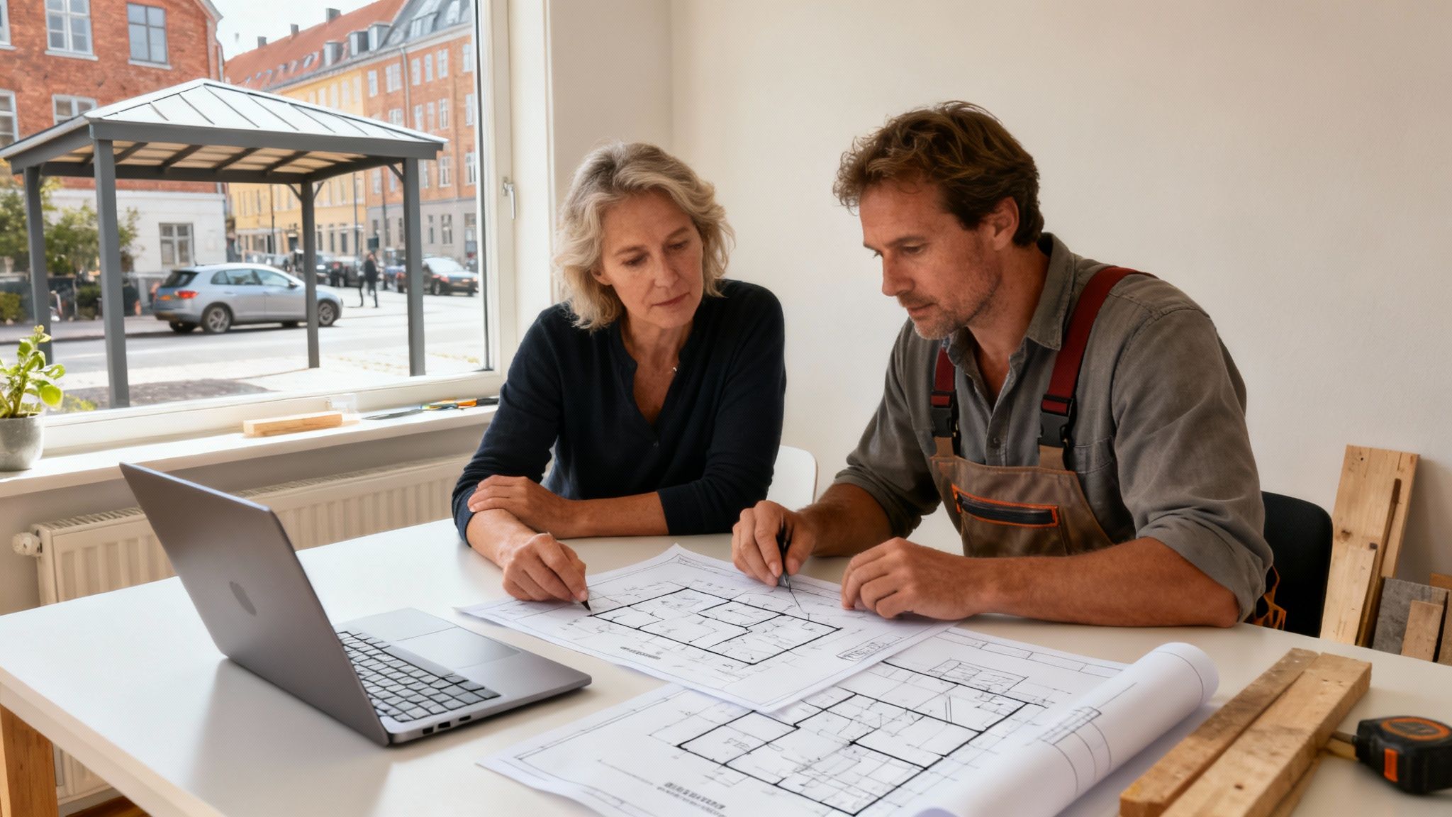 To personer, en mand i arbejdstøj og en kvinde, gennemgår byggeplaner ved et bord.