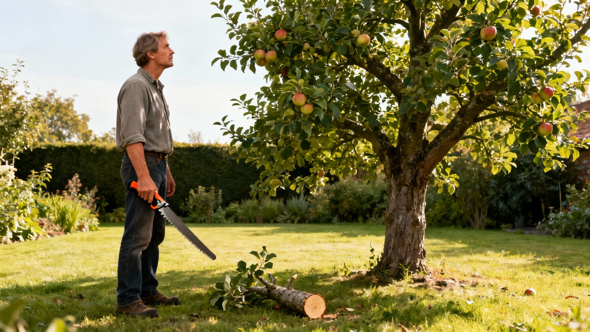 Beskæring af æbletræ med en sav for at sikre et sundt træ og en god høst.