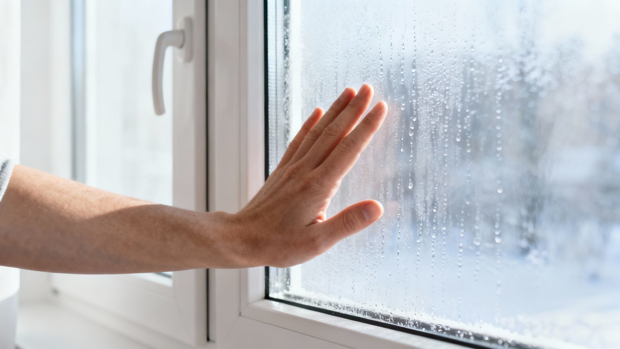 Kondens på en kold rude, der indikerer dårlig isolering af vinduer