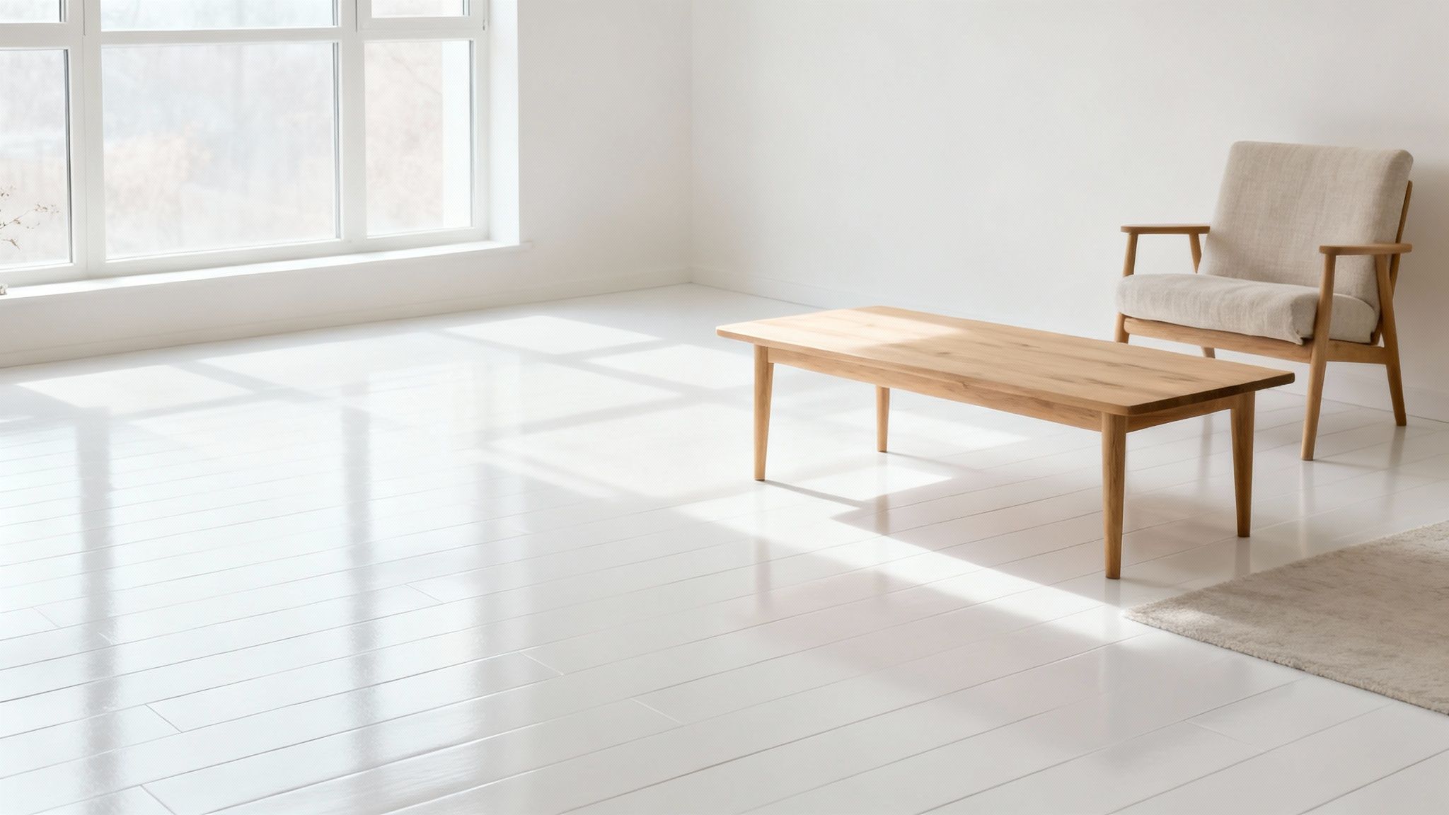 Et lyst minimalistisk rum med hvidt trægulv, et træbord og en beige lænestol i solskin.