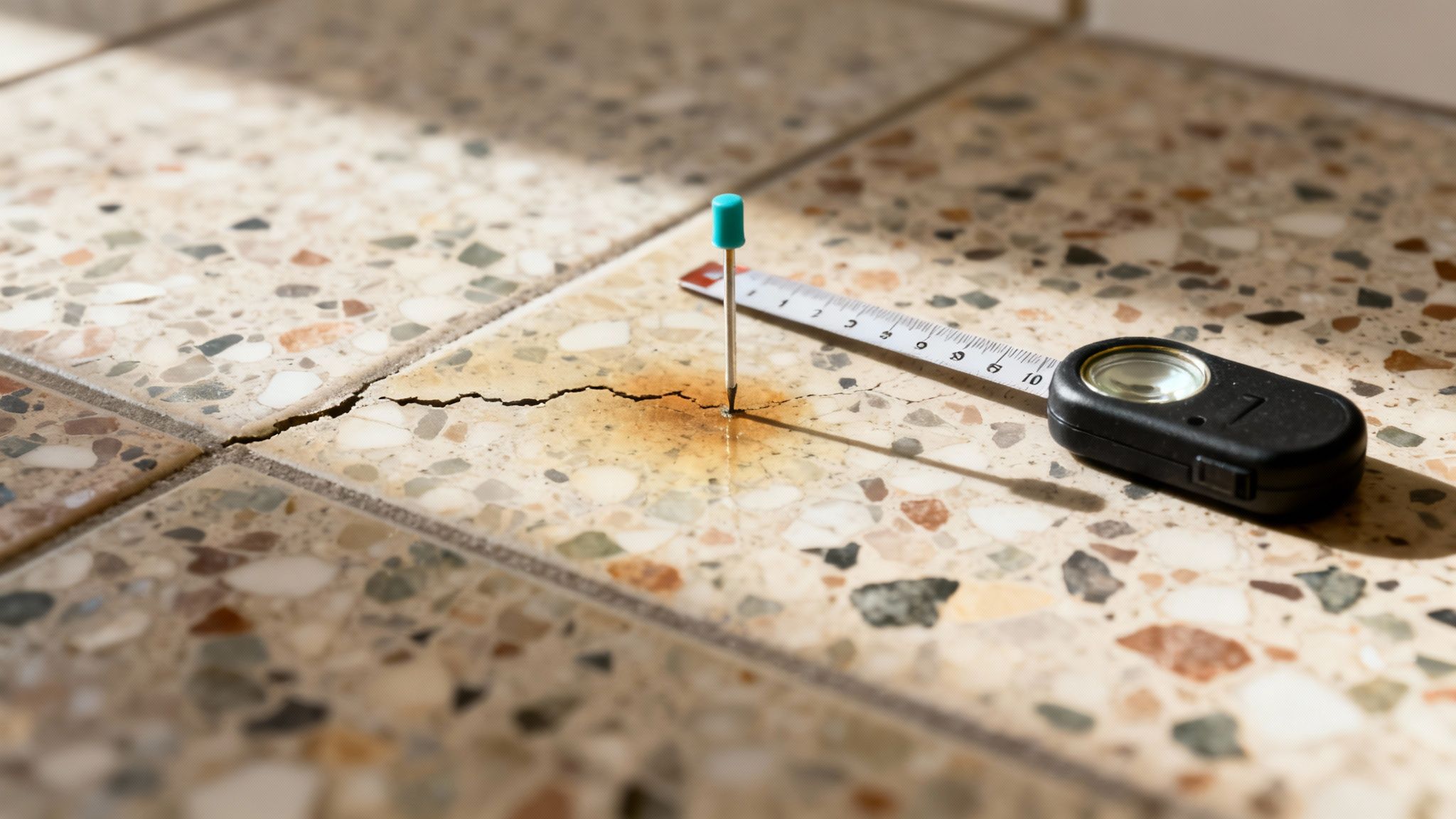 Detalje af et revnet terrazzogulv, inspiceret med målebånd og markør, før reparation.