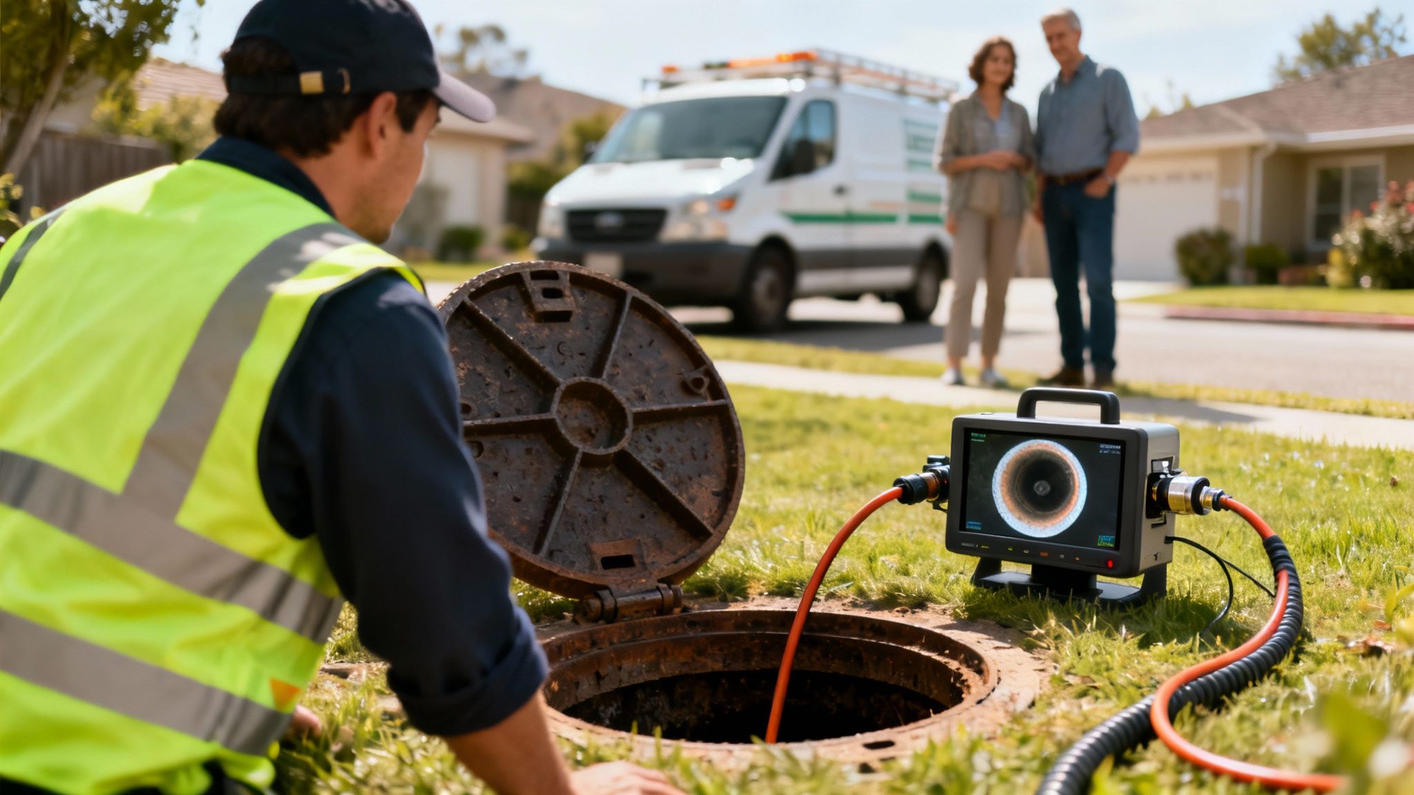 En tekniker foretager TV-inspektion af kloakrør, mens et par og en servicevogn ses i baggrunden.