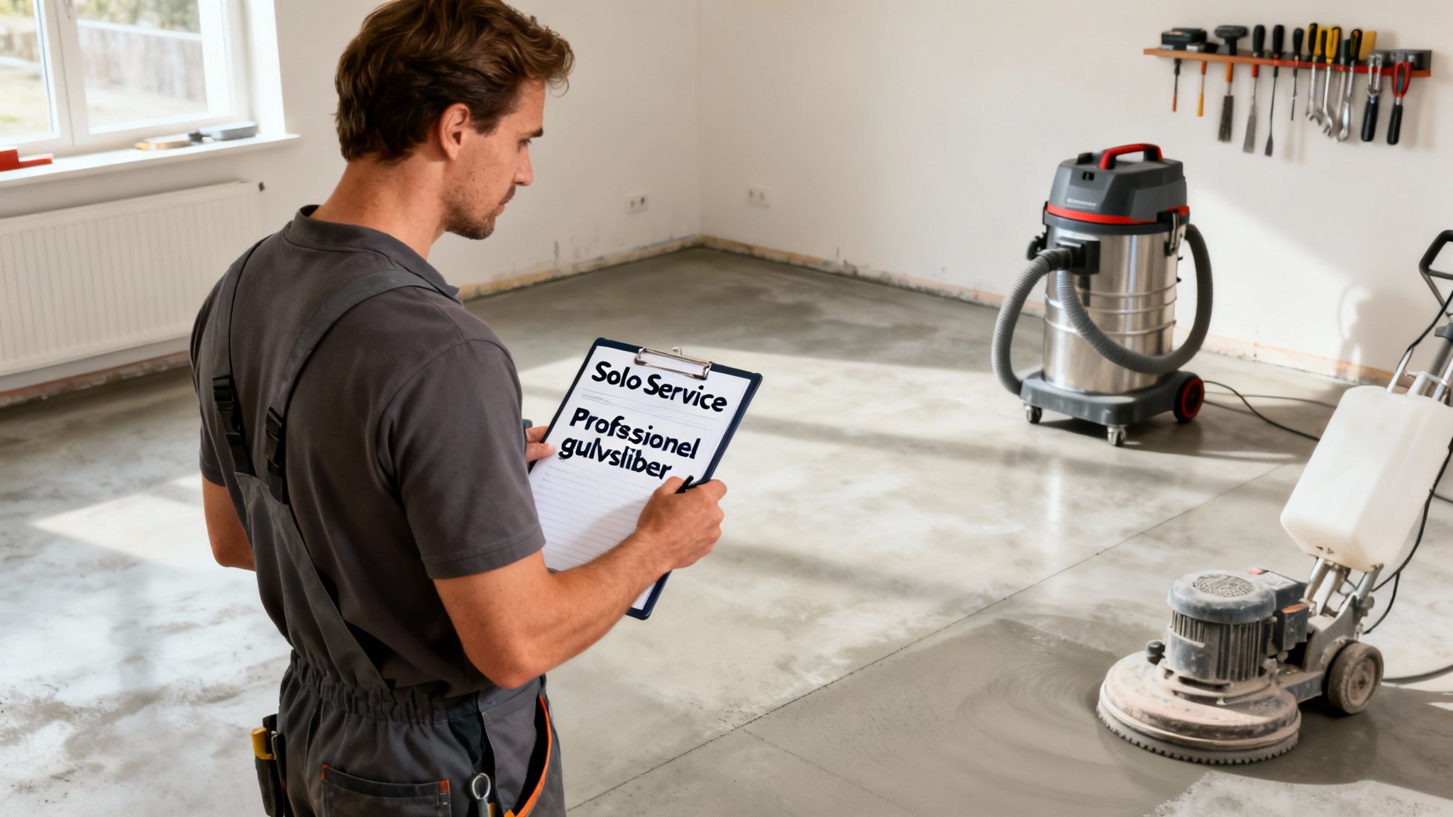 Mand i arbejdstøj med clipboard i et rum, hvor betongulv slibes med professionelt udstyr. Teksten på clipboardet lyder 'Solo Service Professionel gulvsliper'.