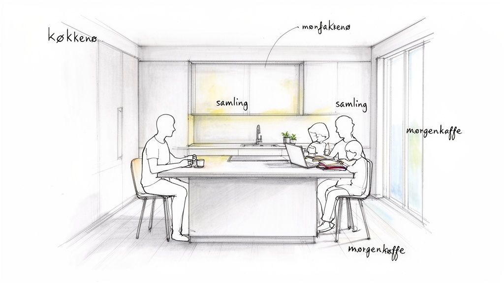 Skitseret køkken med køkkenø, hvor en familie samles til morgenkaffe og aktiviteter. Et hyggeligt samlingspunkt.