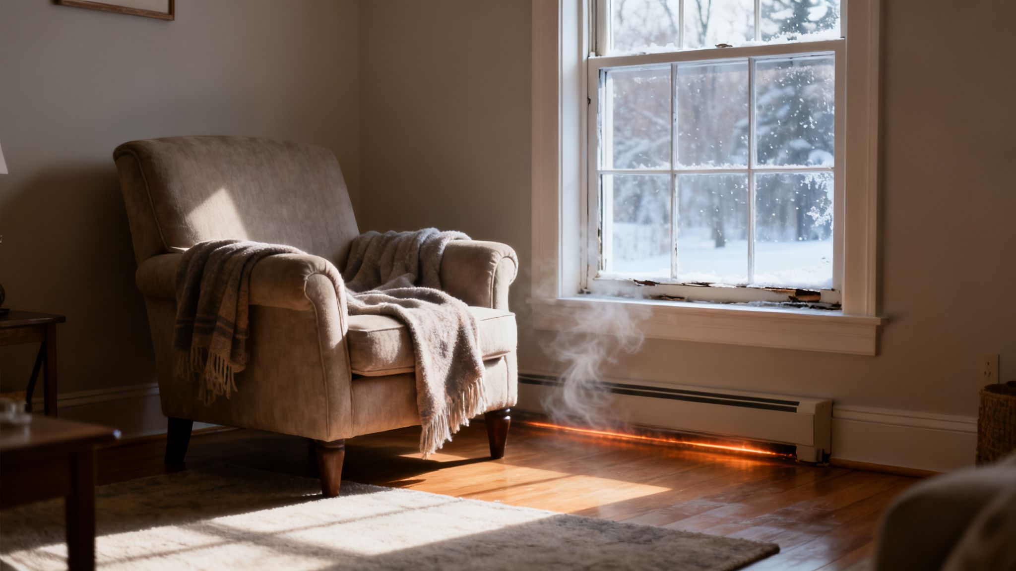 Hyggeligt rum med lænestol, tæppe, sne udenfor vinduet og varme fra radiator stiger op.