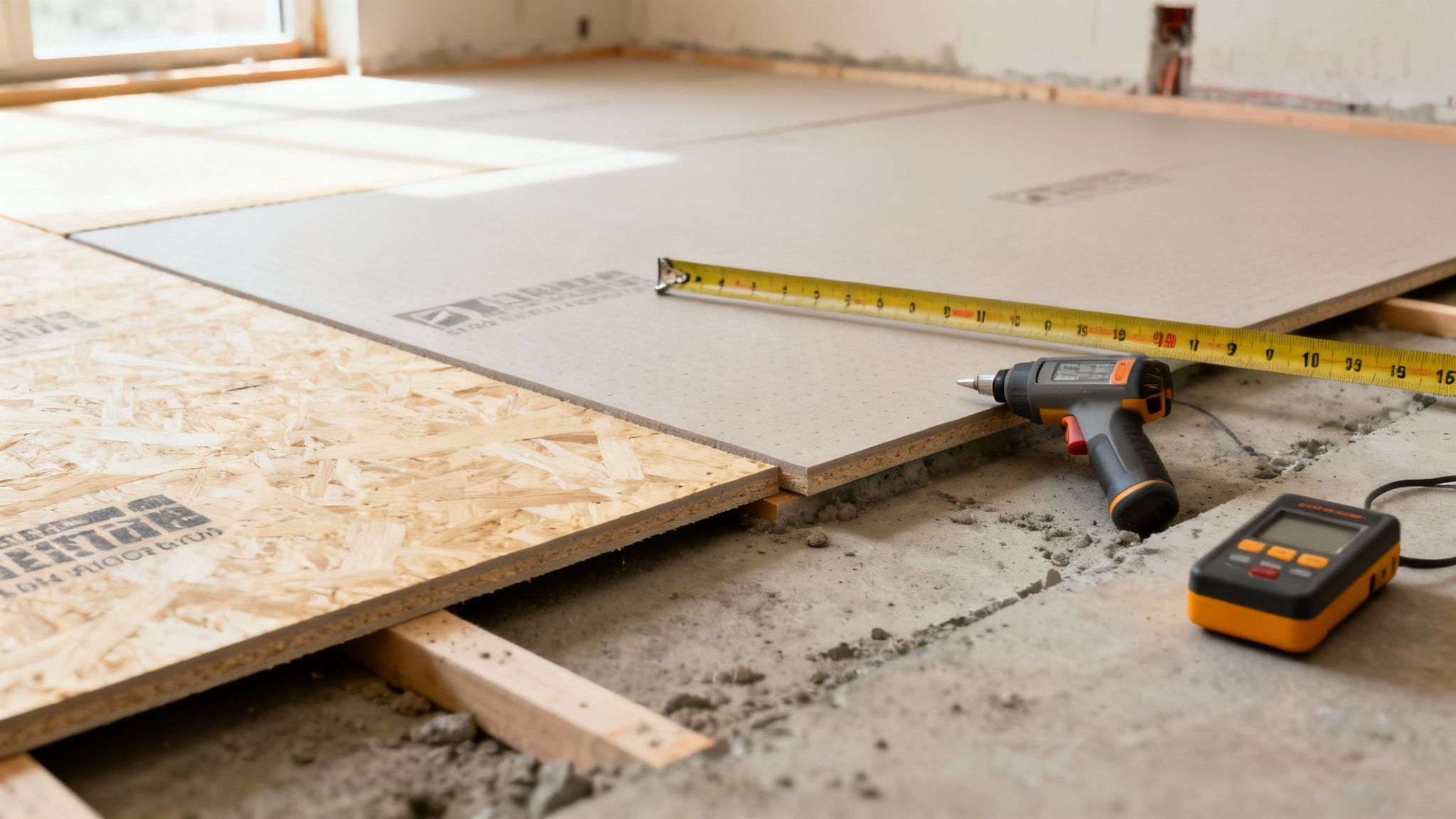 En tømrer inspicerer et undergulv før installation af gulvvarme.