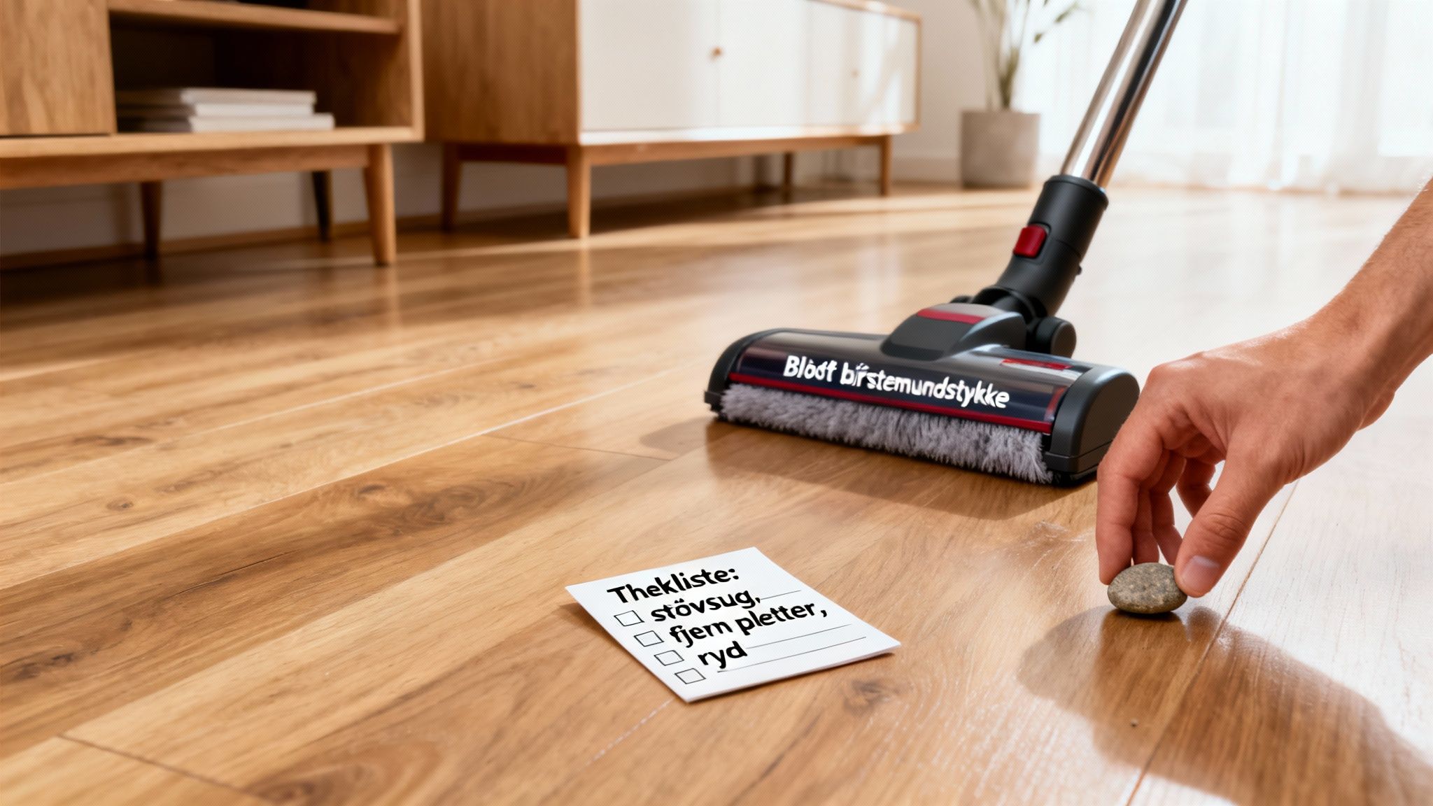 En person rengør et lakeret trægulv med en støvsuger, mens en tjekliste ligger på gulvet.