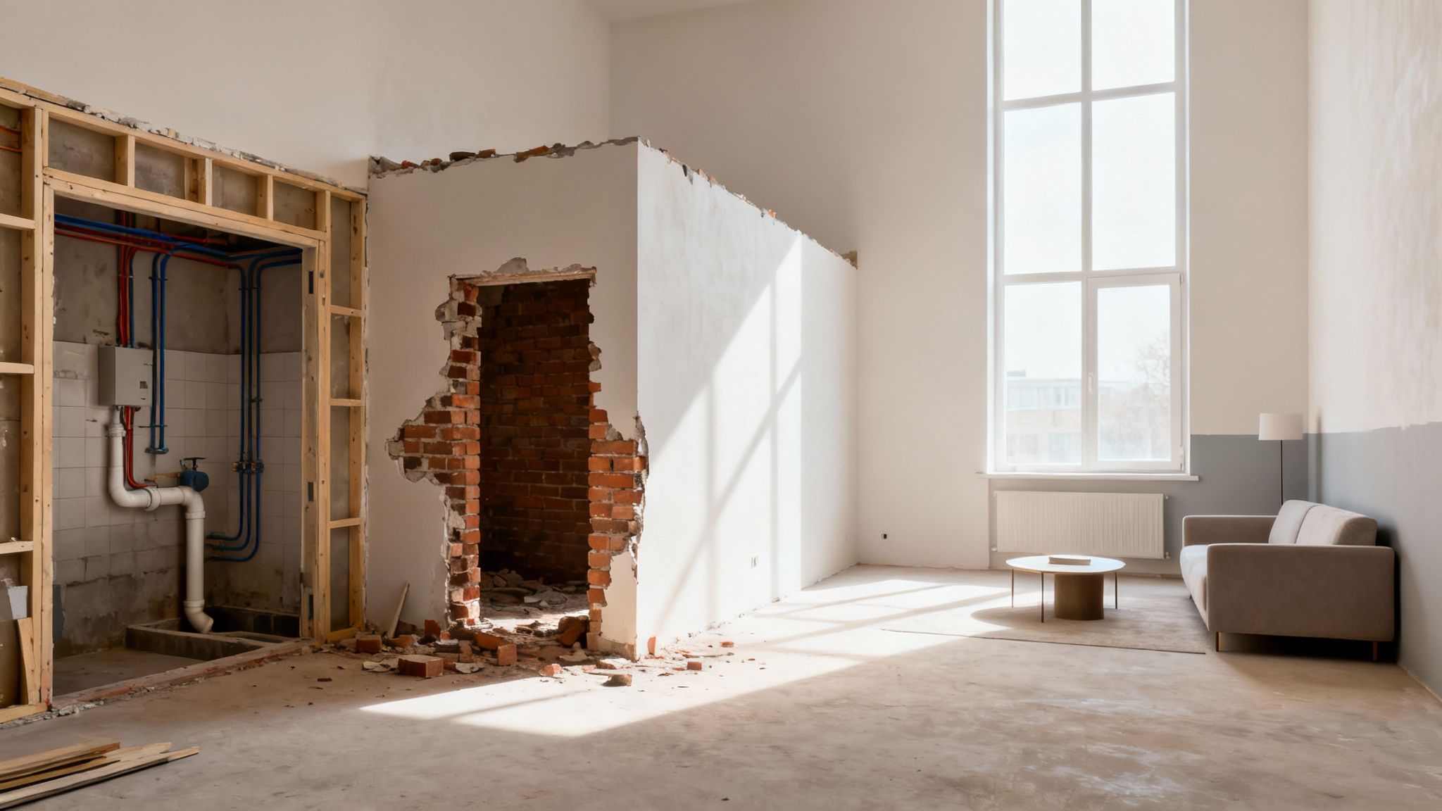 Billede af en lejlighed under renovering med delvist nedbrudte vægge, VVS-installationer og et lyst vindue.