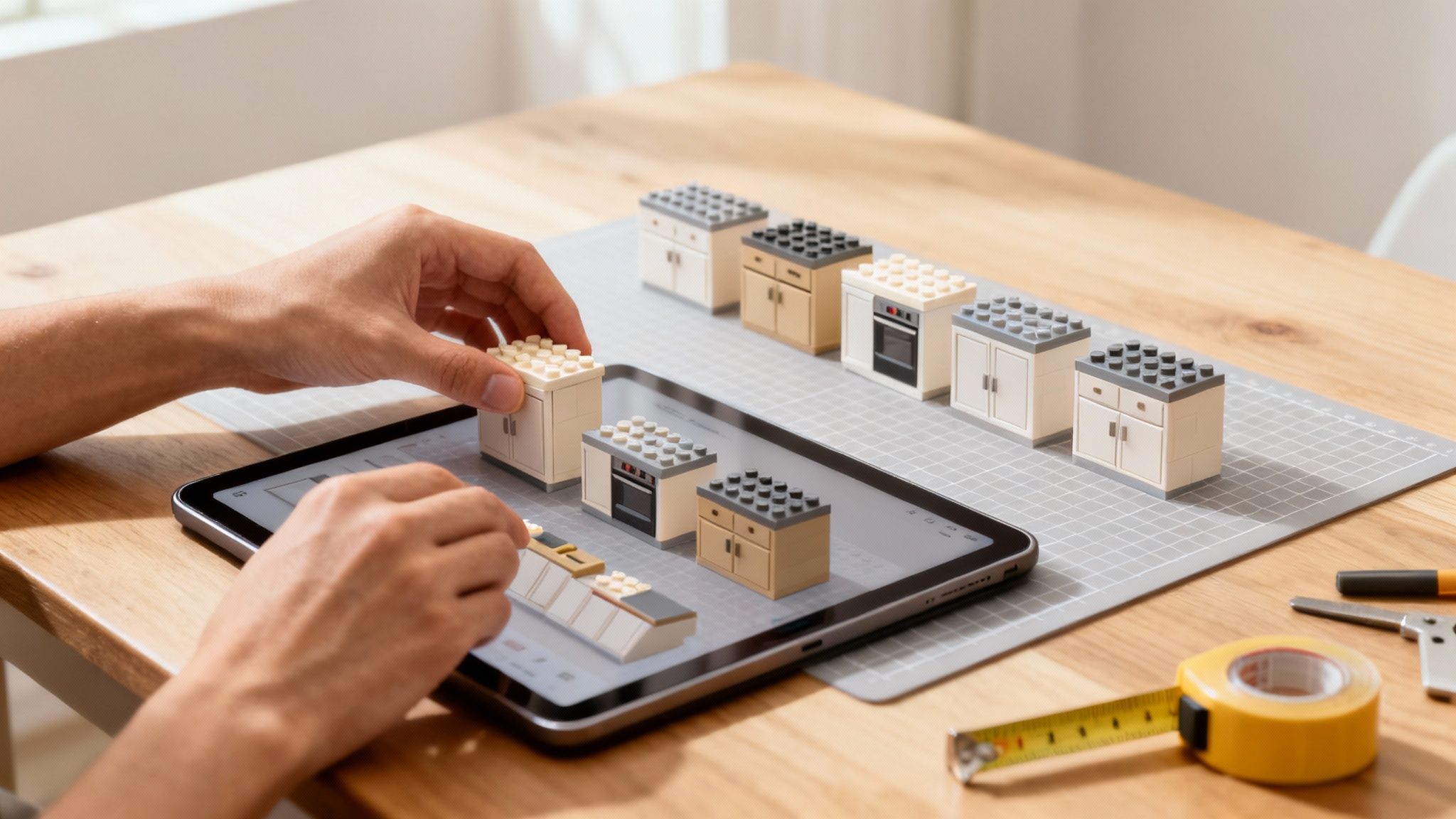Person bruger tablet med tegneprogram til at designe et køkken med LEGO-modeller.