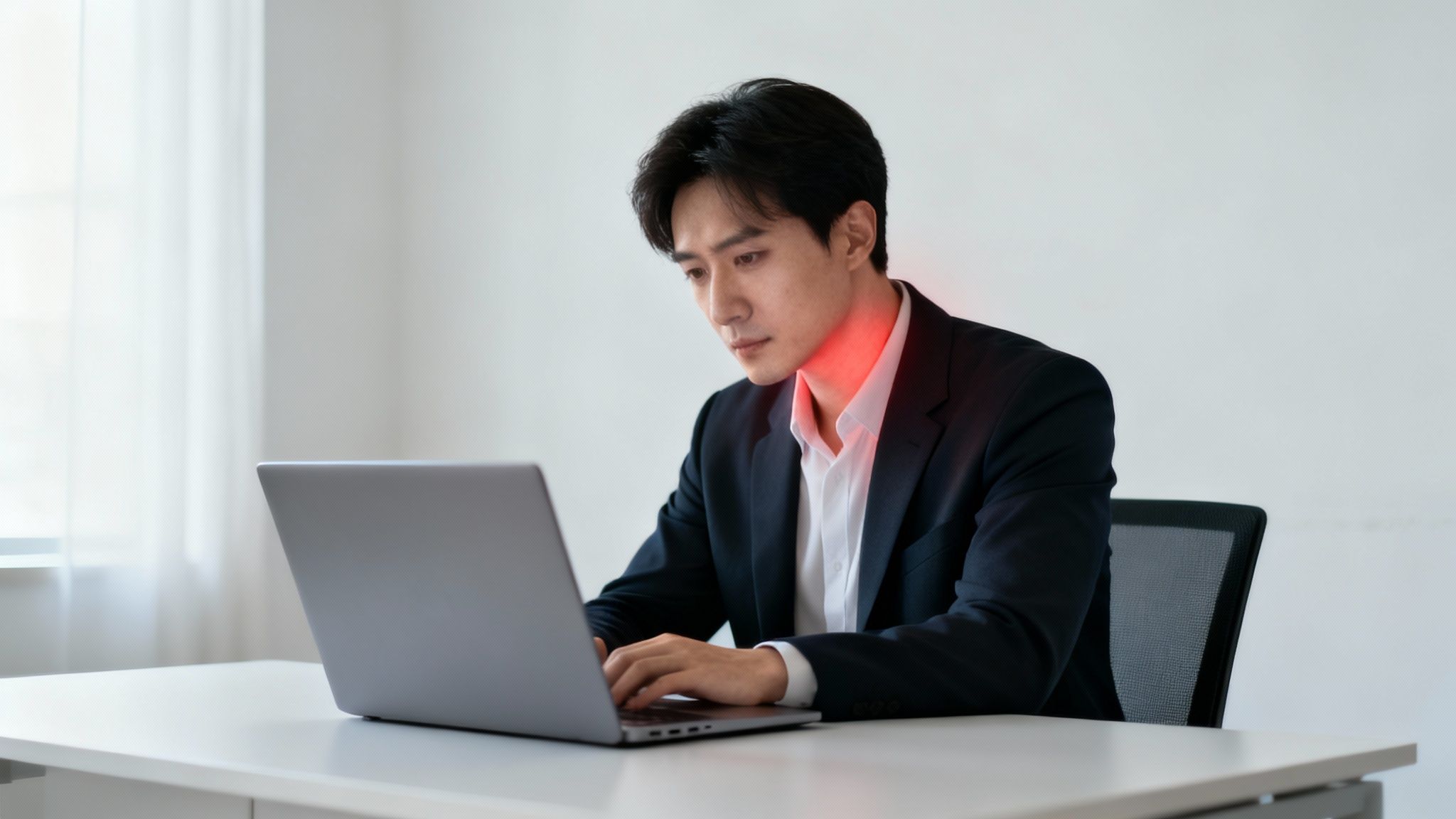 Mand i jakkesæt arbejder koncentreret ved en bærbar computer, med rødt lys der indikerer nakkespændinger.