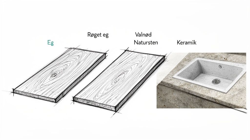 Billede der viser forskellige materialer: Røget eg, valnød, natursten og en keramisk vask.