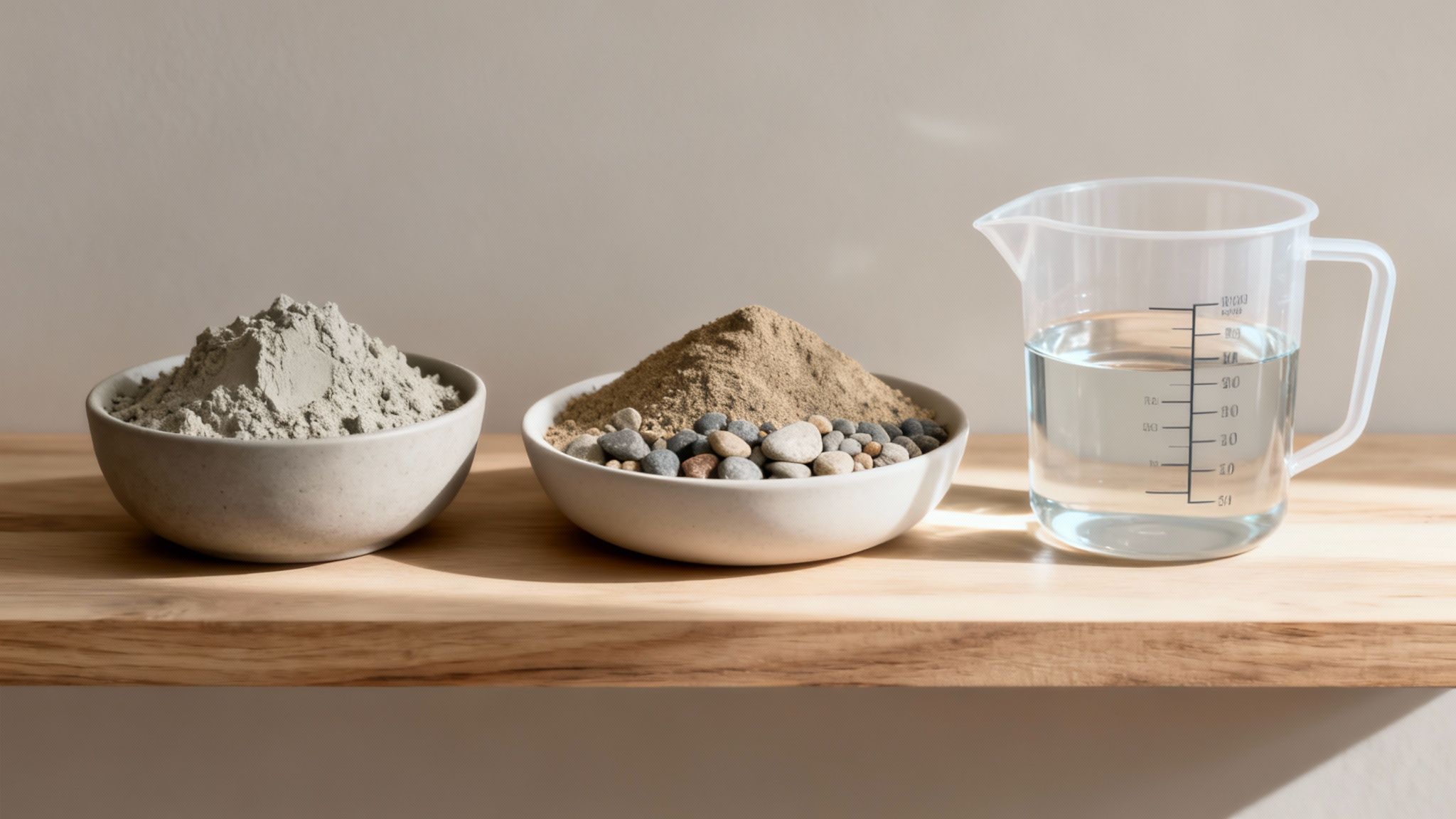 Ingredienser til betonblanding: En skål med cement, en skål med sand og småsten, og et målebæger med vand.