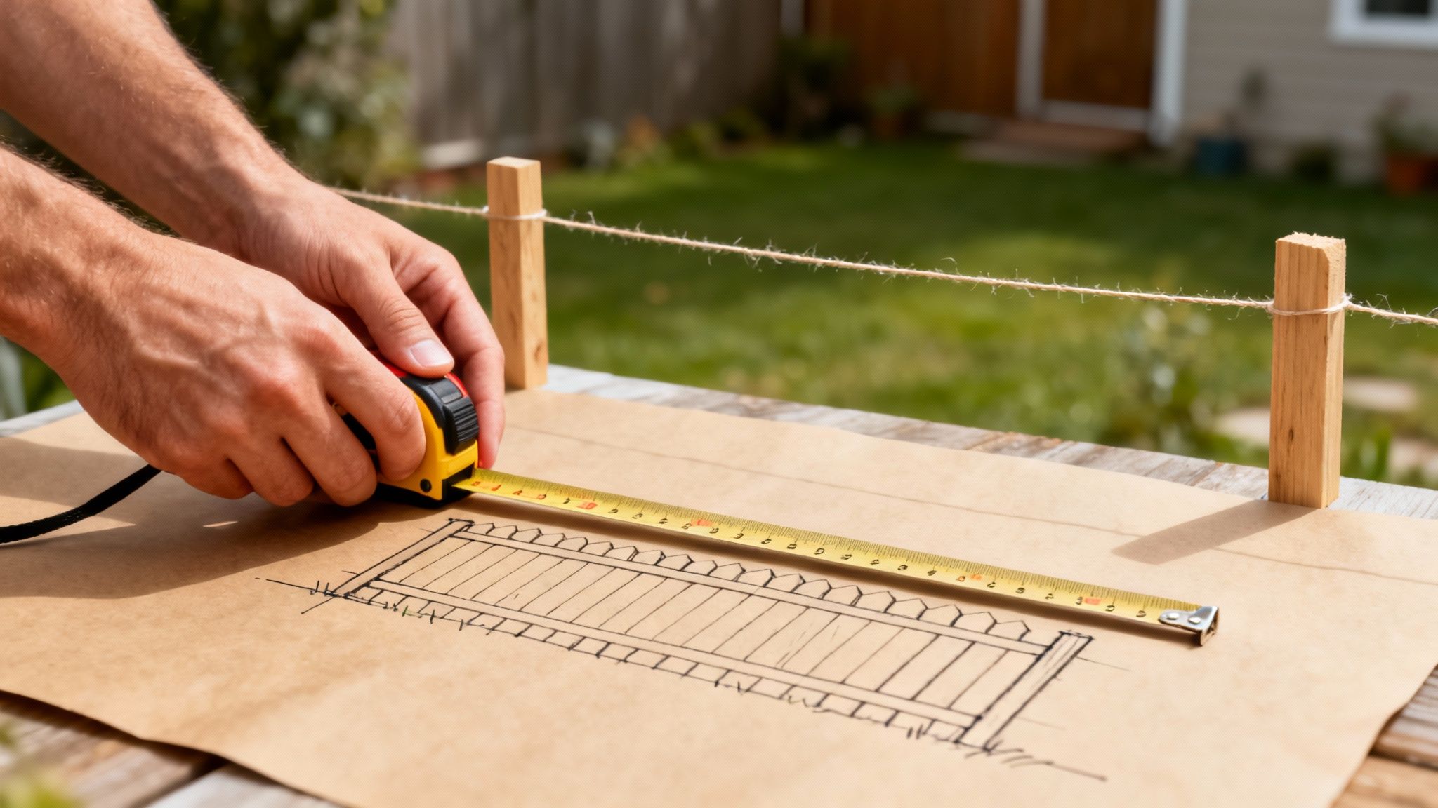 Hænder måler et hegnsudkast på papir med et målebånd. En snor spændt mellem træpæle i en have.
