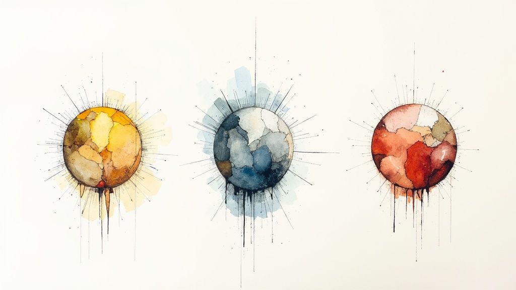 Tre akvarelmalerier af farverige, abstrakte kloder med stråler og dryp på hvid baggrund.