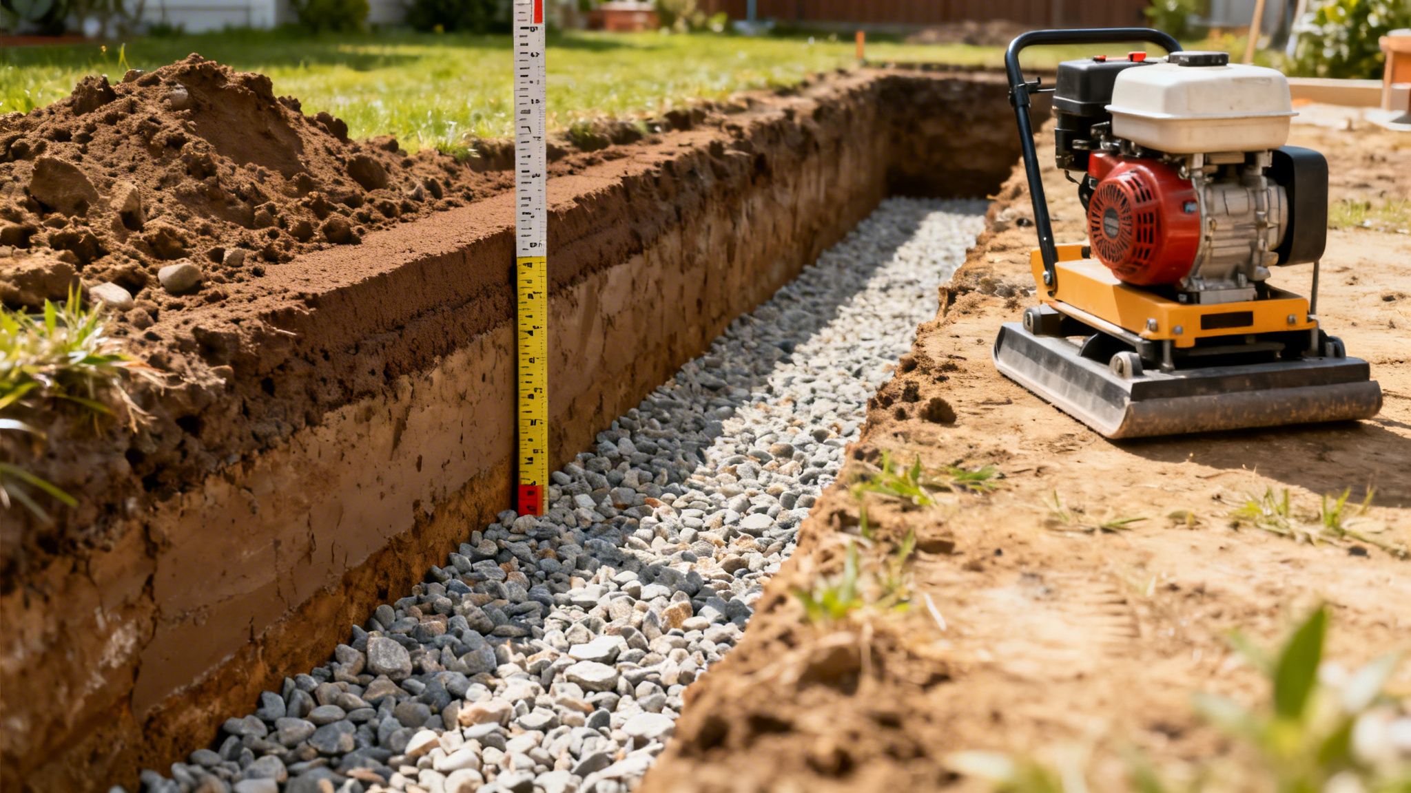 Udgravet grøft med grus i bunden, en målestok og en pladevibrator ved siden af, hvilket indikerer gravearbejde eller konstruktion.