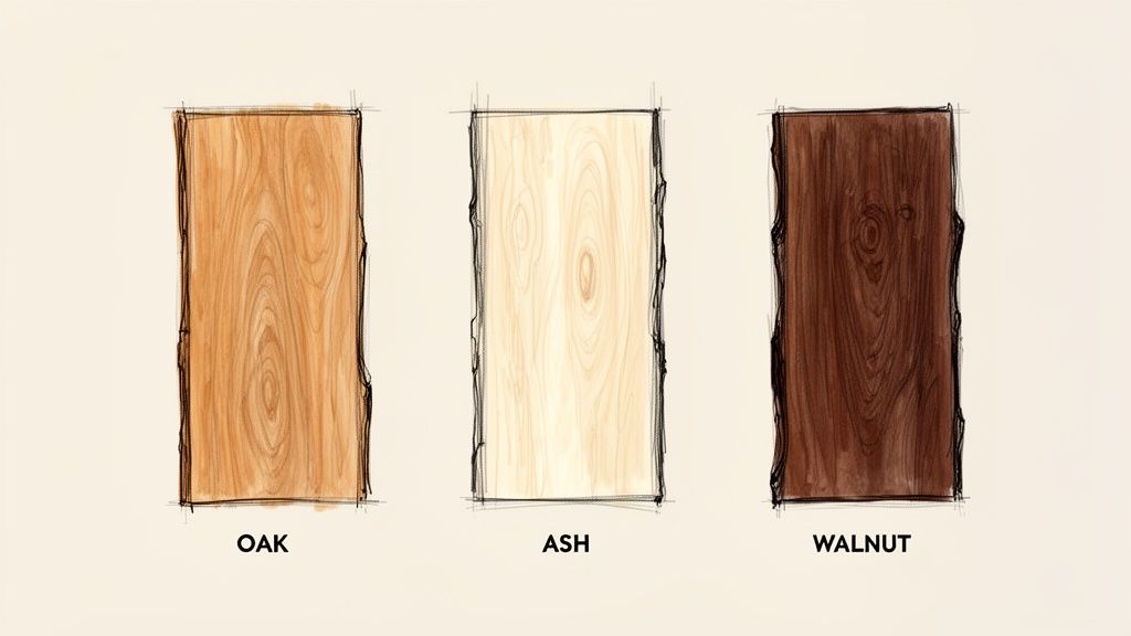 Tre træprøver (eg, ask, valnød) viser forskellige træsorter og deres unikke åremønstre og farver.