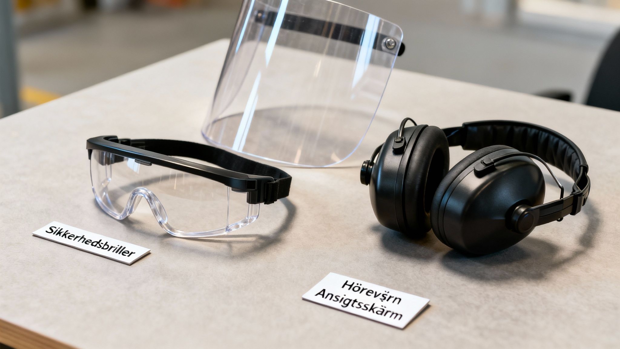 Et sæt personlige værnemidler, herunder sikkerhedsbriller, høreværn og en ansigtsskærm, ligger på et bord.