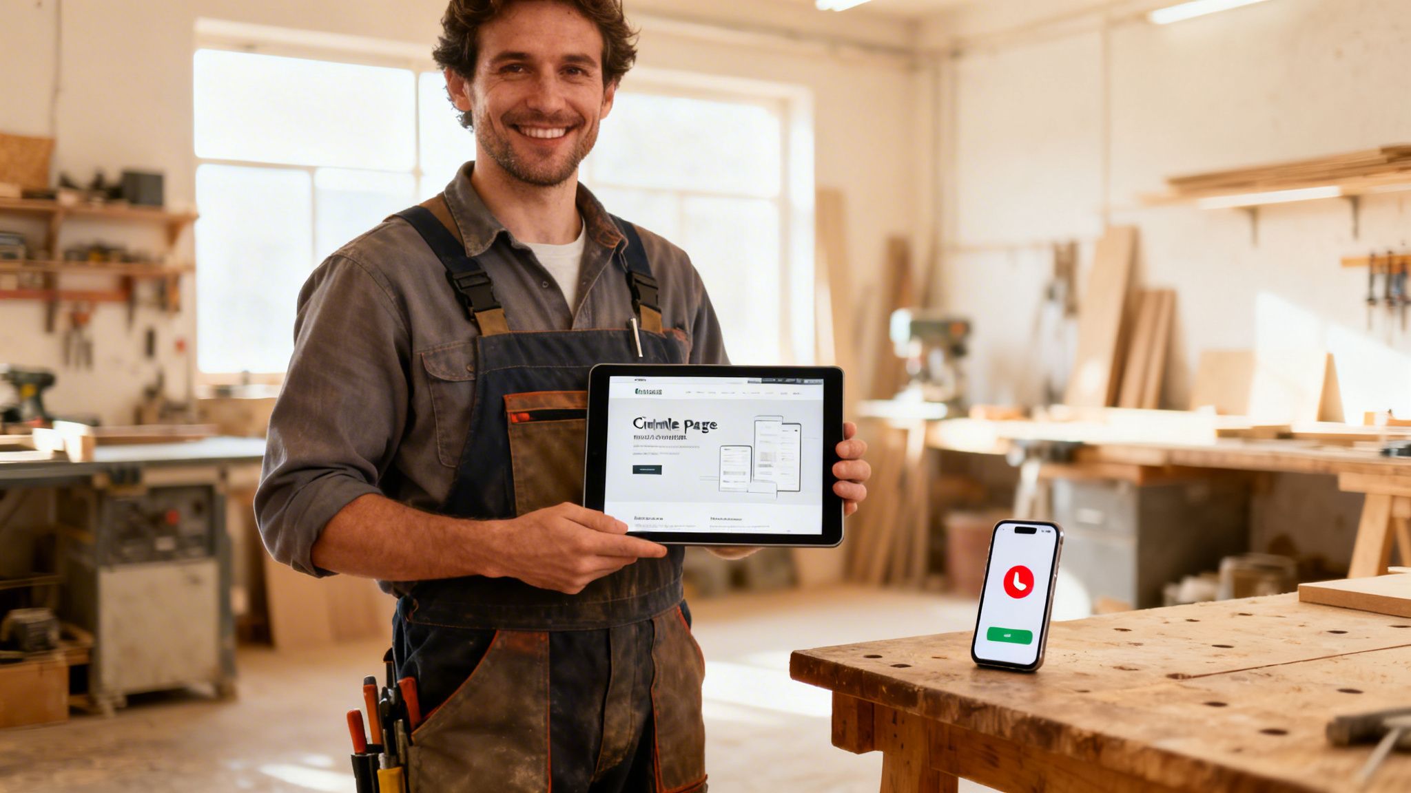 En smilende håndværker holder en tablet med en hjemmeside i et værksted, med en telefon på bordet.